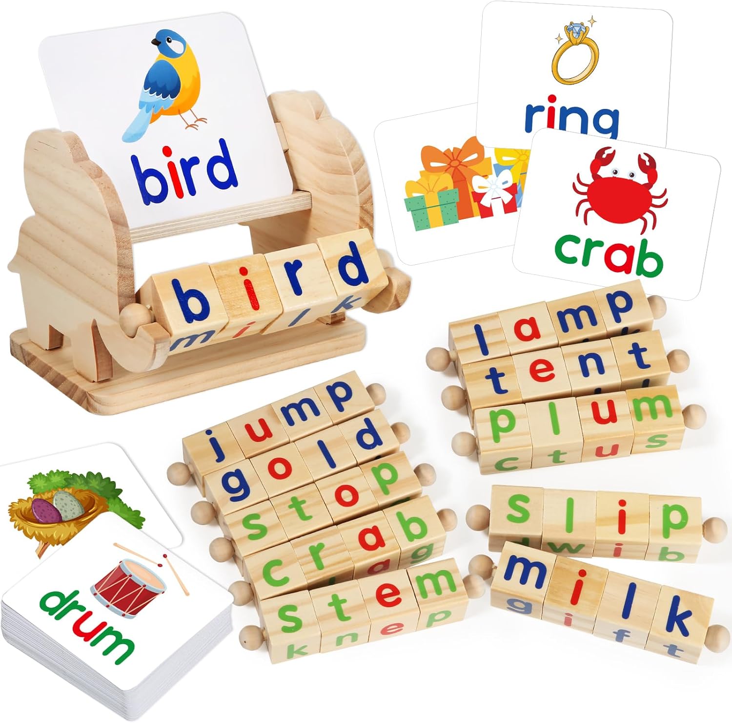 Montessori Educational Toy，Learning Activities Gift for Kid 3-6 Year | Wooden Reading Blocks Toys, Learning Activities for Preschool Kindergarten, Turning Rotating Matching Flash Card Games