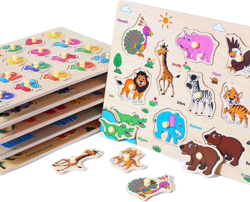Wooden Peg Puzzle for Toddlers, 6 Pack Toddler Puzzles Set for 3 4 5 Years Old (Alphabet Number Shape Animal Dinosaur Vehicle), Preschool Education Learning Puzzle Toys for Girls and Boys