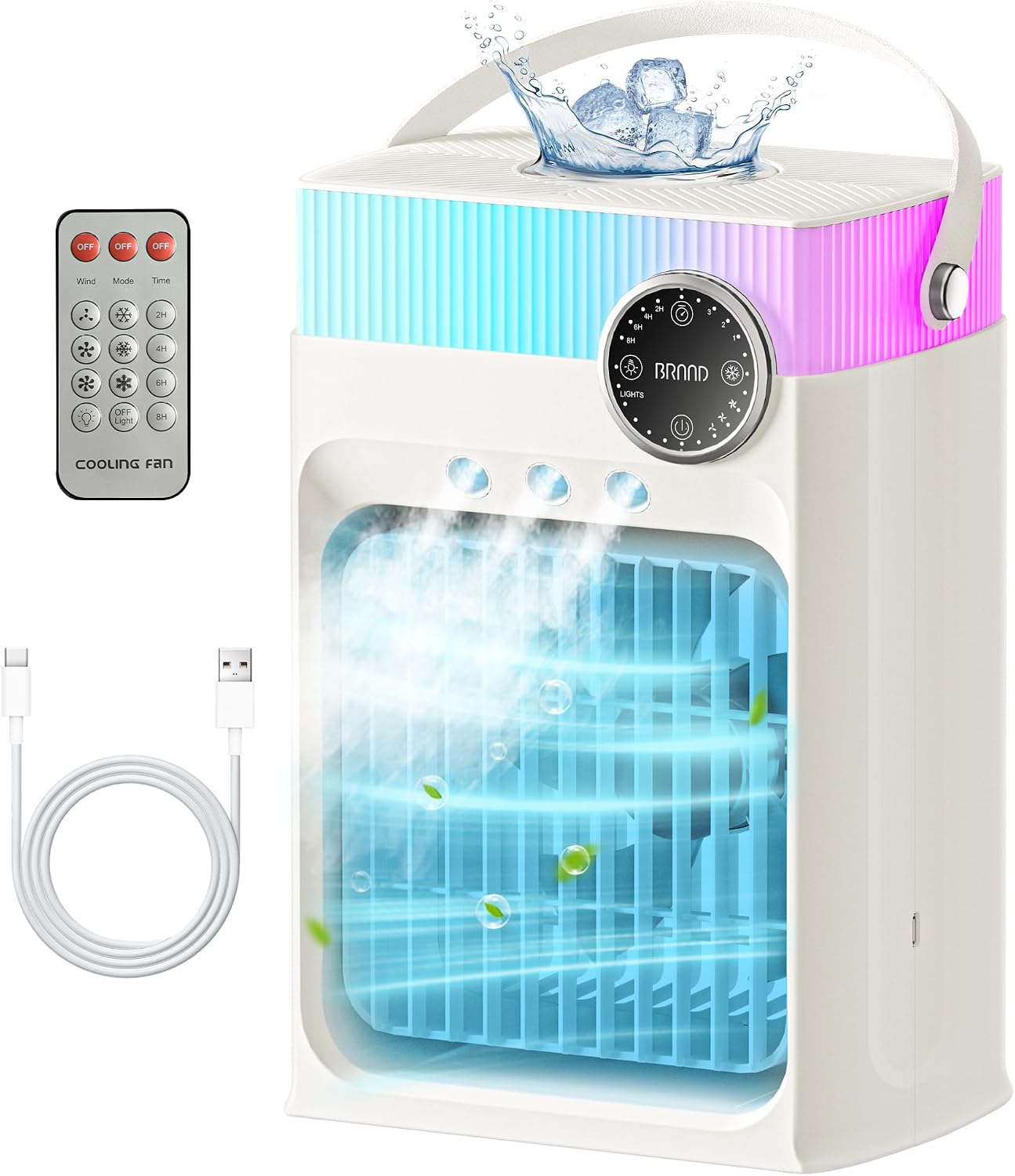 Portable Air Conditioners, Mini Portable AC Unit for Bedroom, 1200ML Small Cooling Fan with Remote, 3 Mist, 3 Speed, 8 Light, 2-8H Timer Personal Cooler Fans for Office Camping Car Desk(White)
