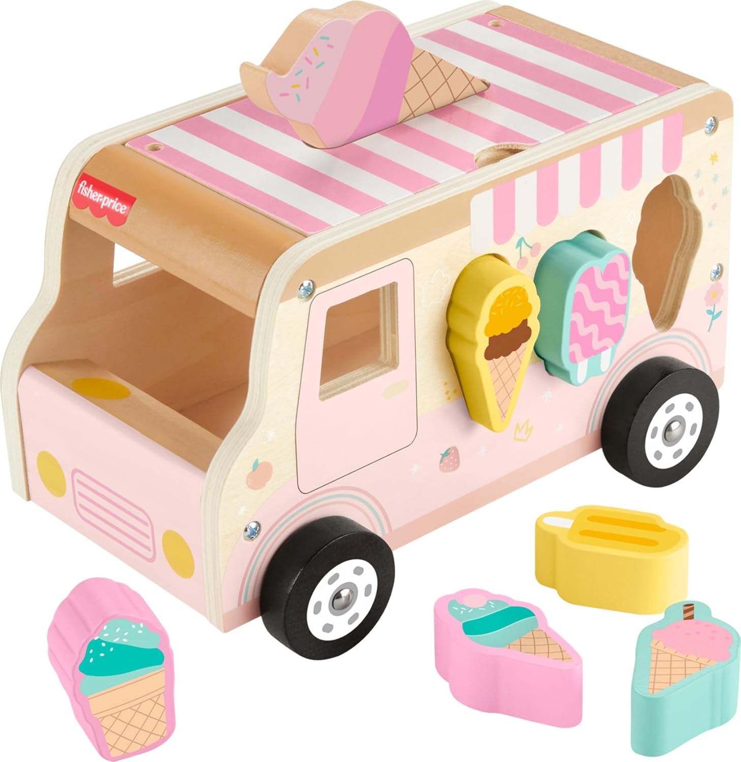 Toddler Shape Sorting Playset Wooden Ice Cream Truck, 8 Wood Pieces for Developmental Play Ages 18+ Months | 9 Wooden Pieces for Developmental Play, Toddler Toy for Kids Ages 18+ Months