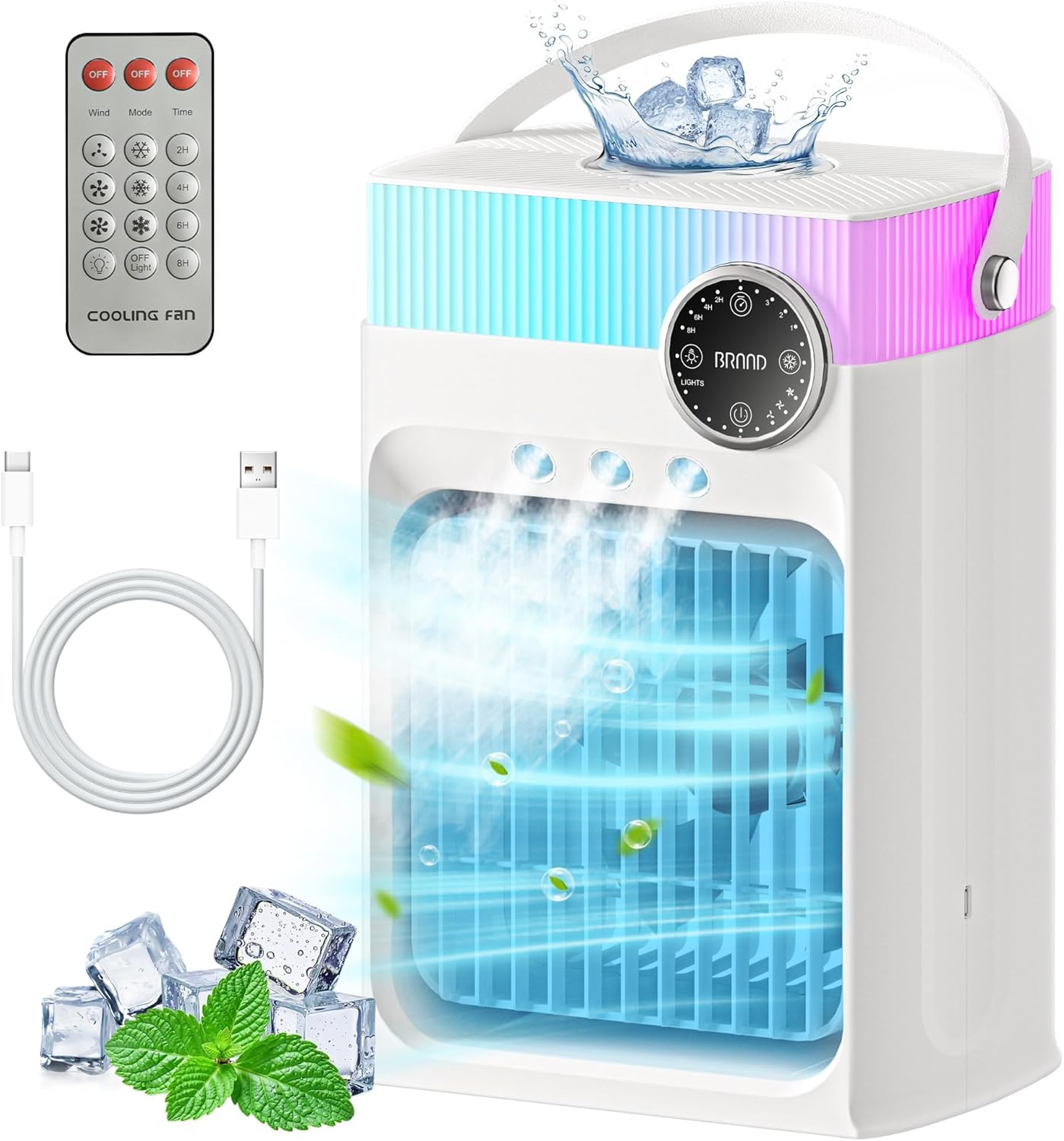 Portable Air Conditioners, Mini Portable AC Unit for Bedroom, 1200ML Small Cooling Fan with Remote, 3 Mist, 3 Speed, 8 Light, 2-8H Timer Personal Cooler Fans for Office Camping Car Desk(White)