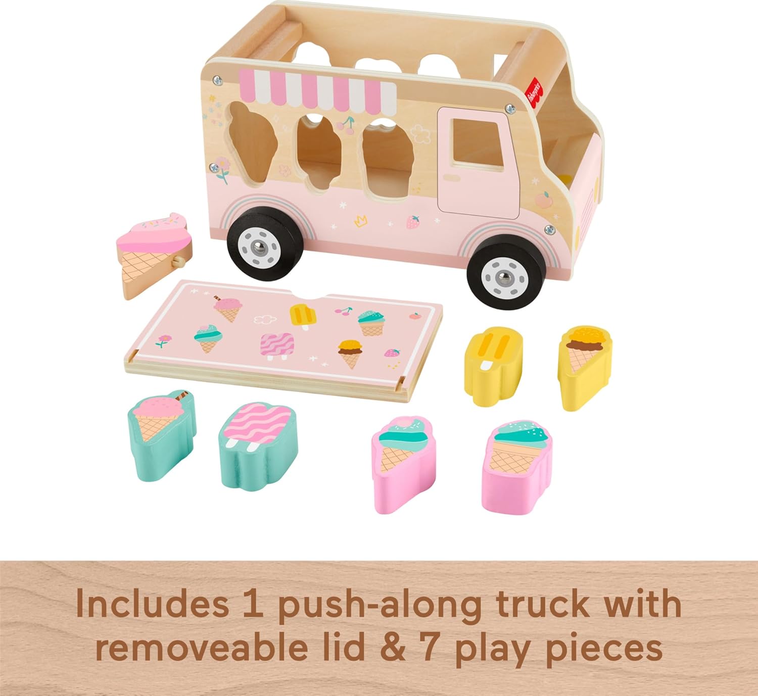 Toddler Shape Sorting Playset Wooden Ice Cream Truck, 8 Wood Pieces for Developmental Play Ages 18+ Months | 9 Wooden Pieces for Developmental Play, Toddler Toy for Kids Ages 18+ Months