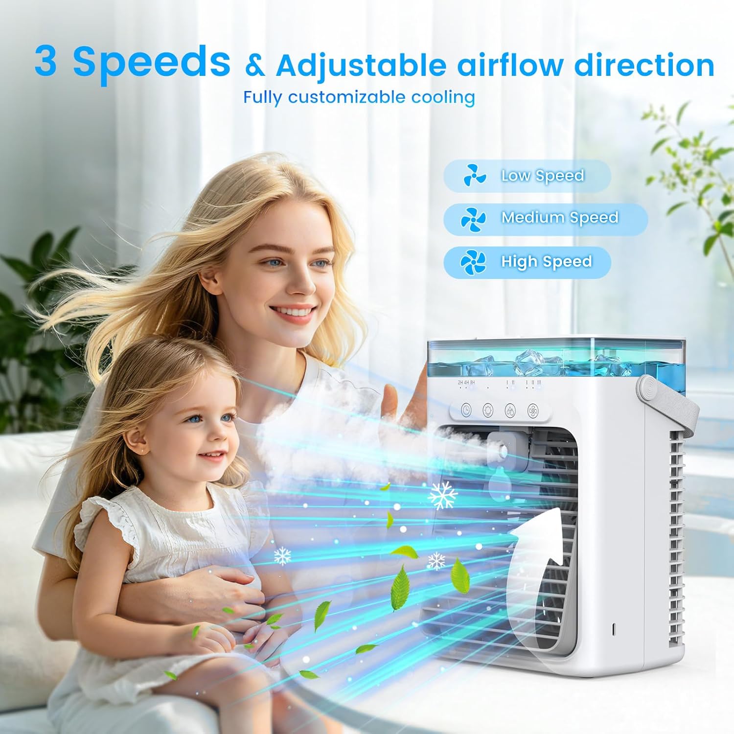Portable Air Conditioners, 4 in 1 Mini AC Air Conditioner with 1000ml Water Tank, 3 Speeds, 2 Mist Modes, 2/4/8H Timer, Ambient Light, USB Evaporative Air Cooler Cooling Fan for Camping Room Bedroom