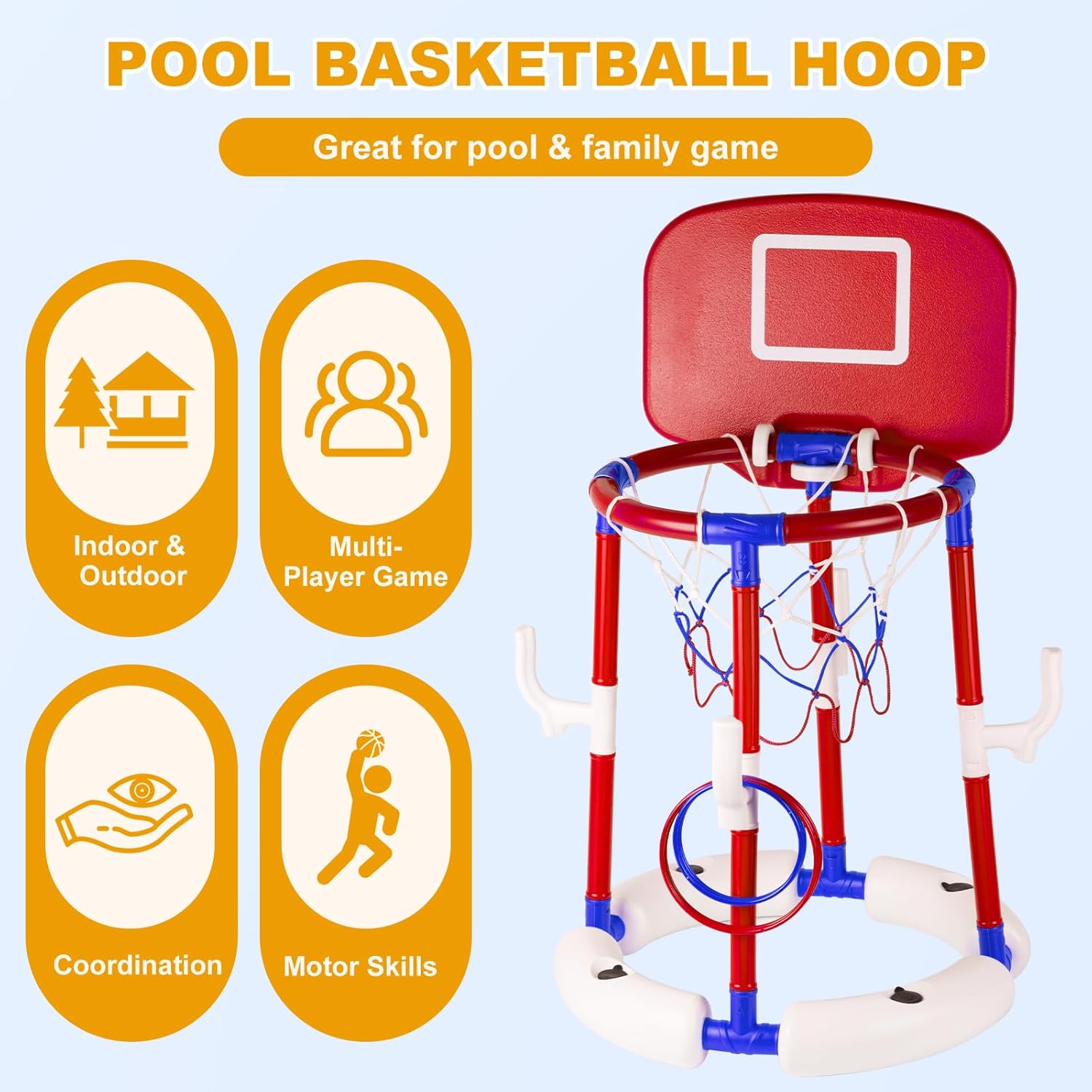 2-in-1 Poor Toy Basketball & Ring Toss Game with 4 Balls, 6 Rings&Pump, Summer Pool Toys Outdoor Water Fun Family Party for Age 3-12