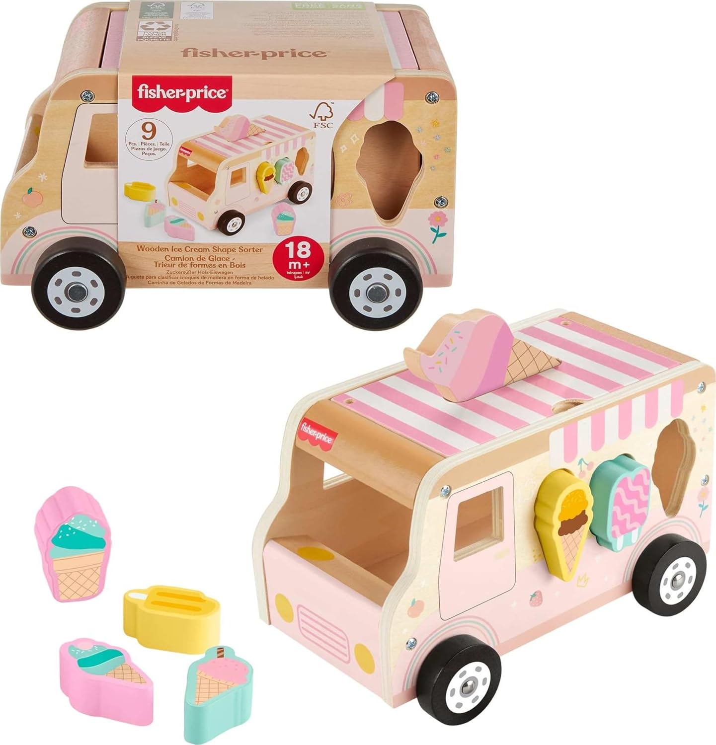 Toddler Shape Sorting Playset Wooden Ice Cream Truck, 8 Wood Pieces for Developmental Play Ages 18+ Months | 9 Wooden Pieces for Developmental Play, Toddler Toy for Kids Ages 18+ Months