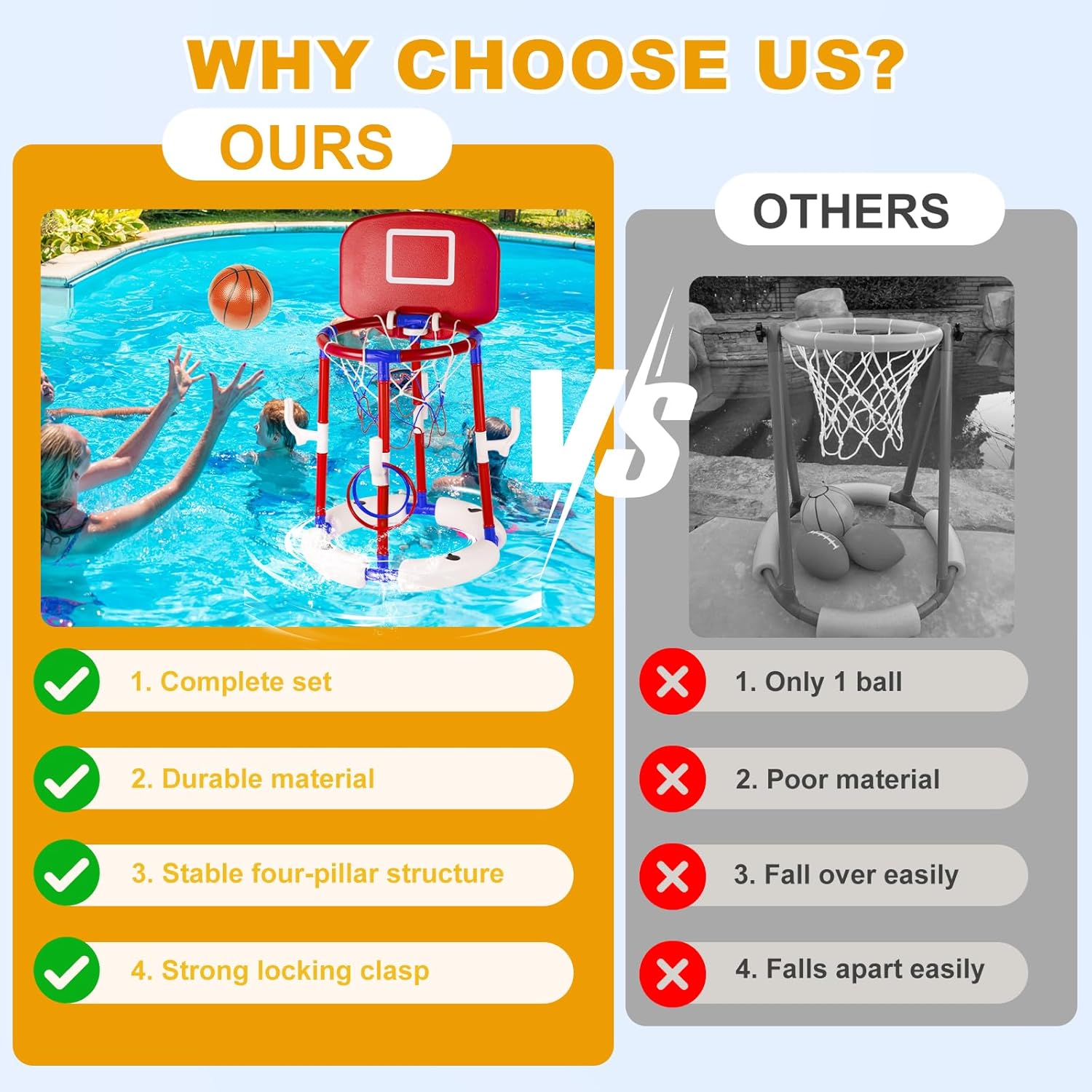 2-in-1 Poor Toy Basketball & Ring Toss Game with 4 Balls, 6 Rings&Pump, Summer Pool Toys Outdoor Water Fun Family Party for Age 3-12