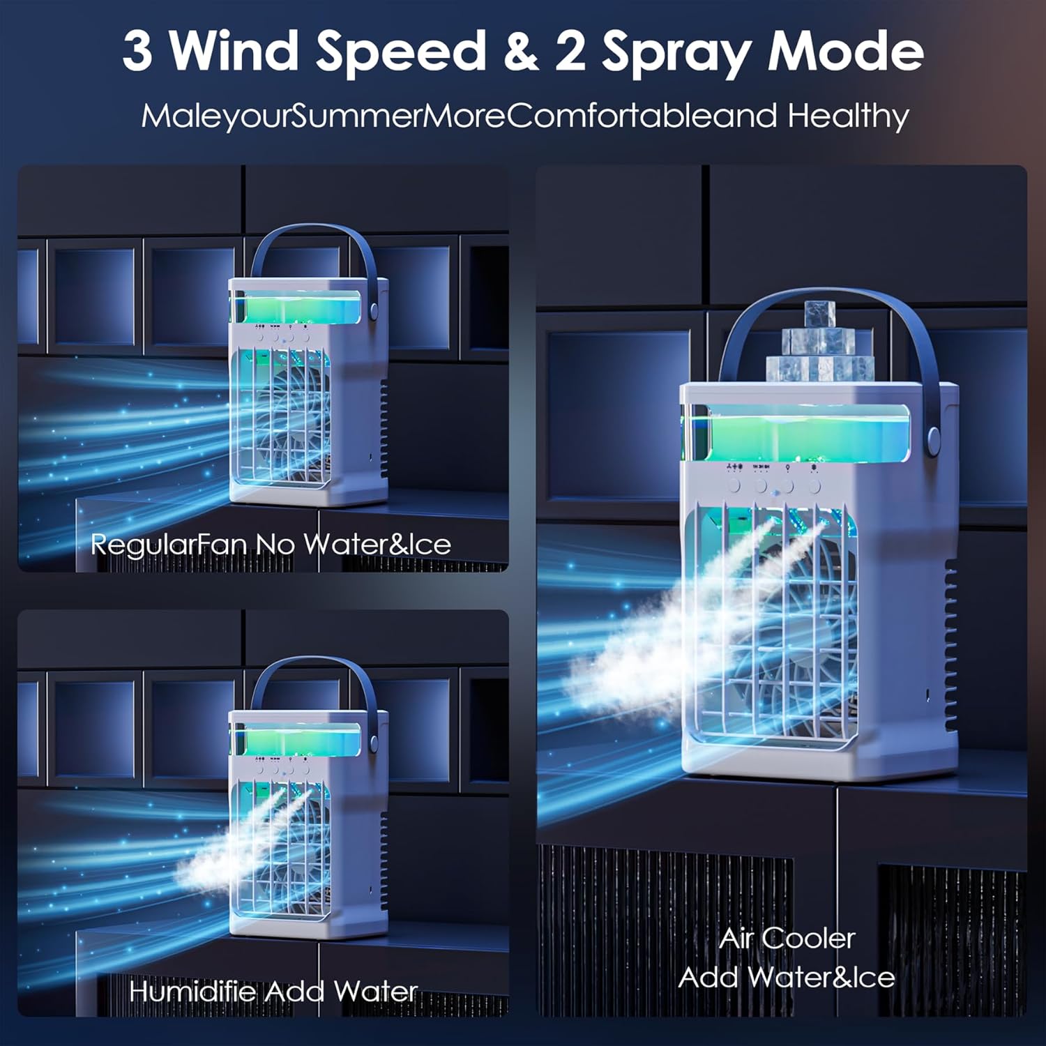 Portable Air Conditioner, Cooling Fan 3 Speeds & 3 Modes Personal Cooling Fan Mini Air Conditioner Fan with Remote, 1500ML Water Tank, Night Light, No battery, for Home Office Bedroom