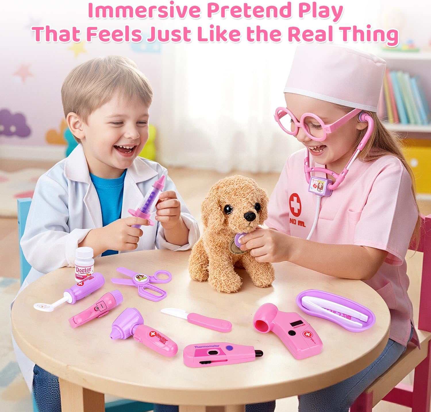 Meland Toy Doctor Kit for Girls - Pretend Play Doctor Set with Carrying Case,Stethoscope Toy & Dress Up Costume - Doctor Play Set for Girls Toddlers Ages 3 4 5 6 Year Old for Role Play Gift