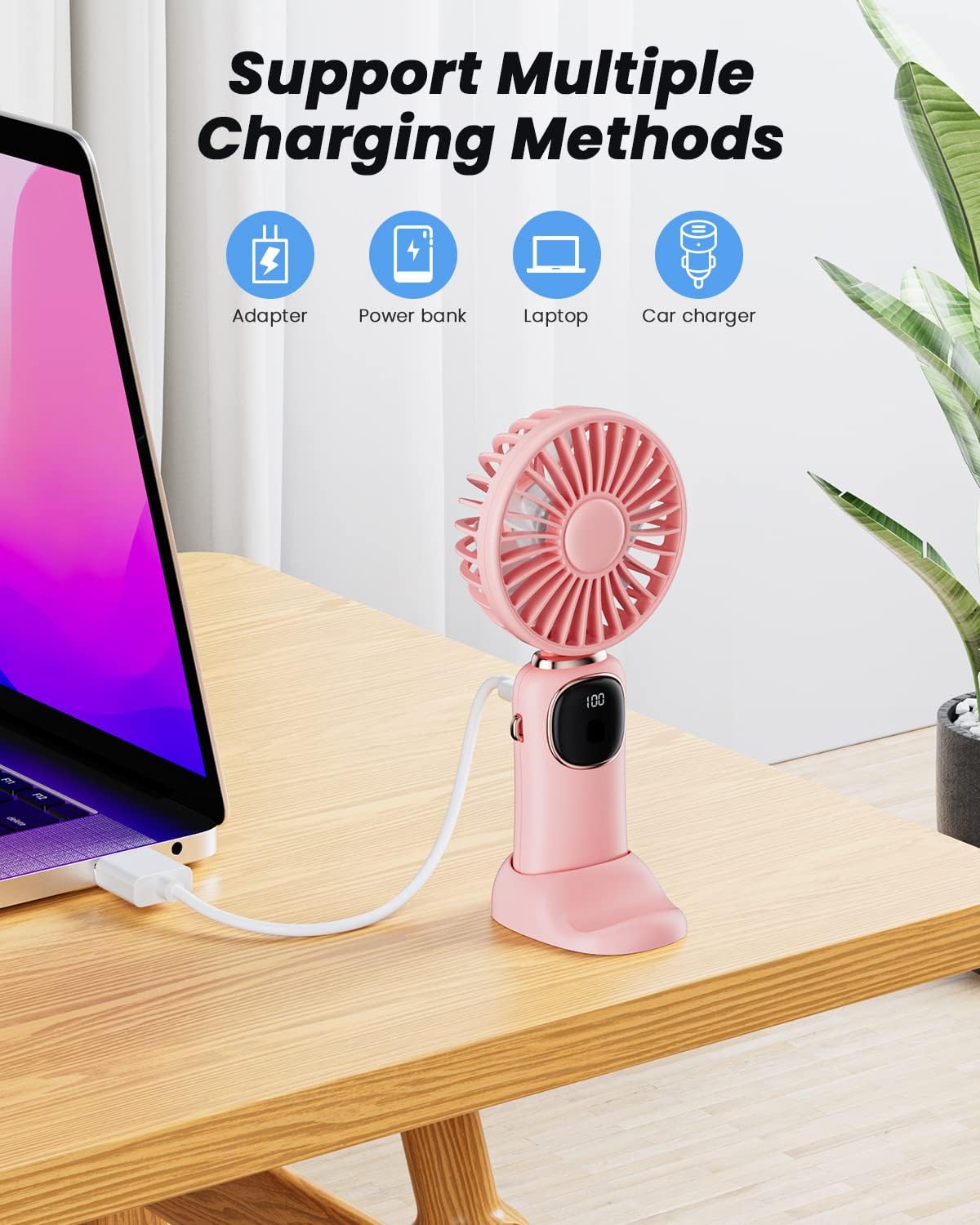 coldSky Portable Handheld Fan, 4000mAh Battery Operated 3 in 1 Multifunction Personal Travel Fans with Digital Display, 90° Foldable Desk Fans with Base, 5 Speed Lash Fan for Makeup/Office