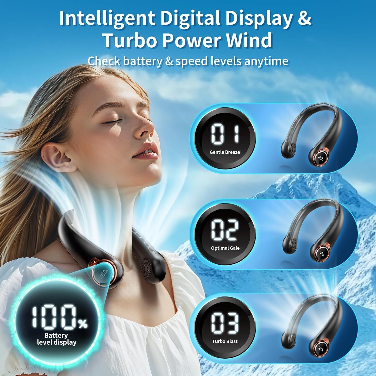 Portable Neck Fan with 6000mAh USB - Rechargeable Battery, Ultra-Light Bladeless Neck Fan LED Display, 360° Cooling Wearable Fan, 3 Speeds