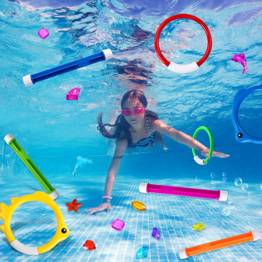 YUJUN Pool Diving Swimming Toys, Summer Underwater Game Toys with Pool Fishes Dive Sticks Rings Gems Storage Bag for Kids Swim Birthday Party Favors