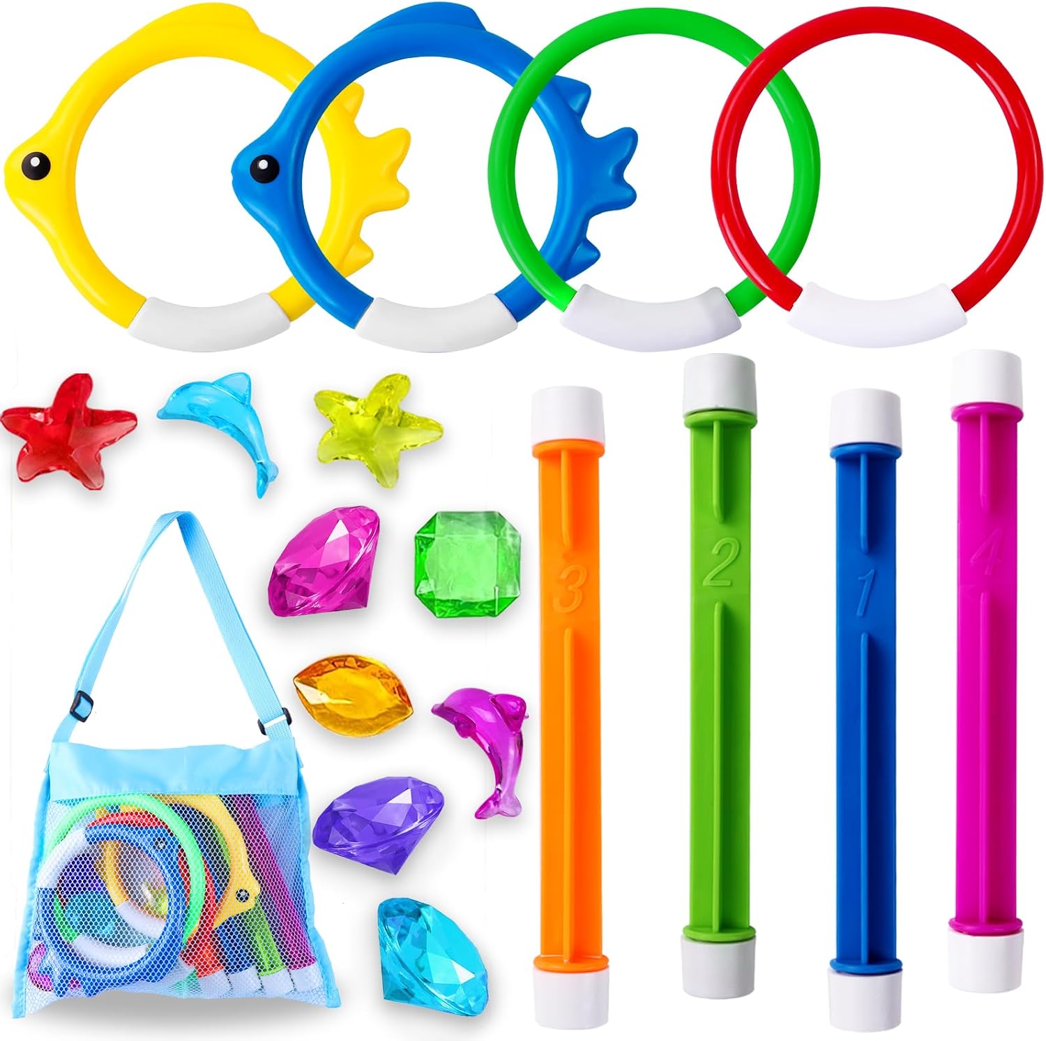 YUJUN Pool Diving Swimming Toys, Summer Underwater Game Toys with Pool Fishes Dive Sticks Rings Gems Storage Bag for Kids Swim Birthday Party Favors