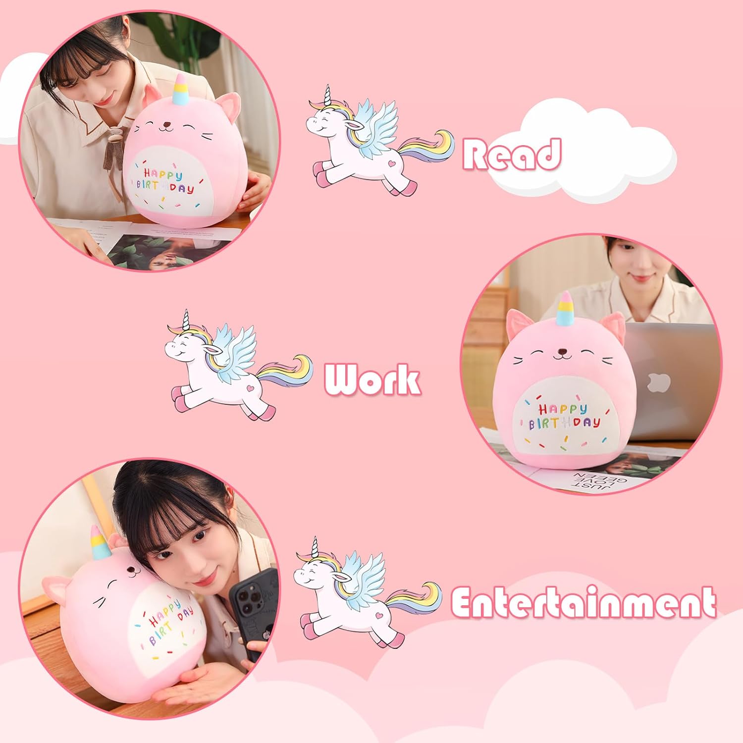 SQEQE Cat Plush Toy Unicorn Cat Stuffed Animal Cute Birthday Plushies Pillow Soft Plushie Doll Gifts for Kid Decor(Pink Caticorn, 8, 10, 14 Inch)