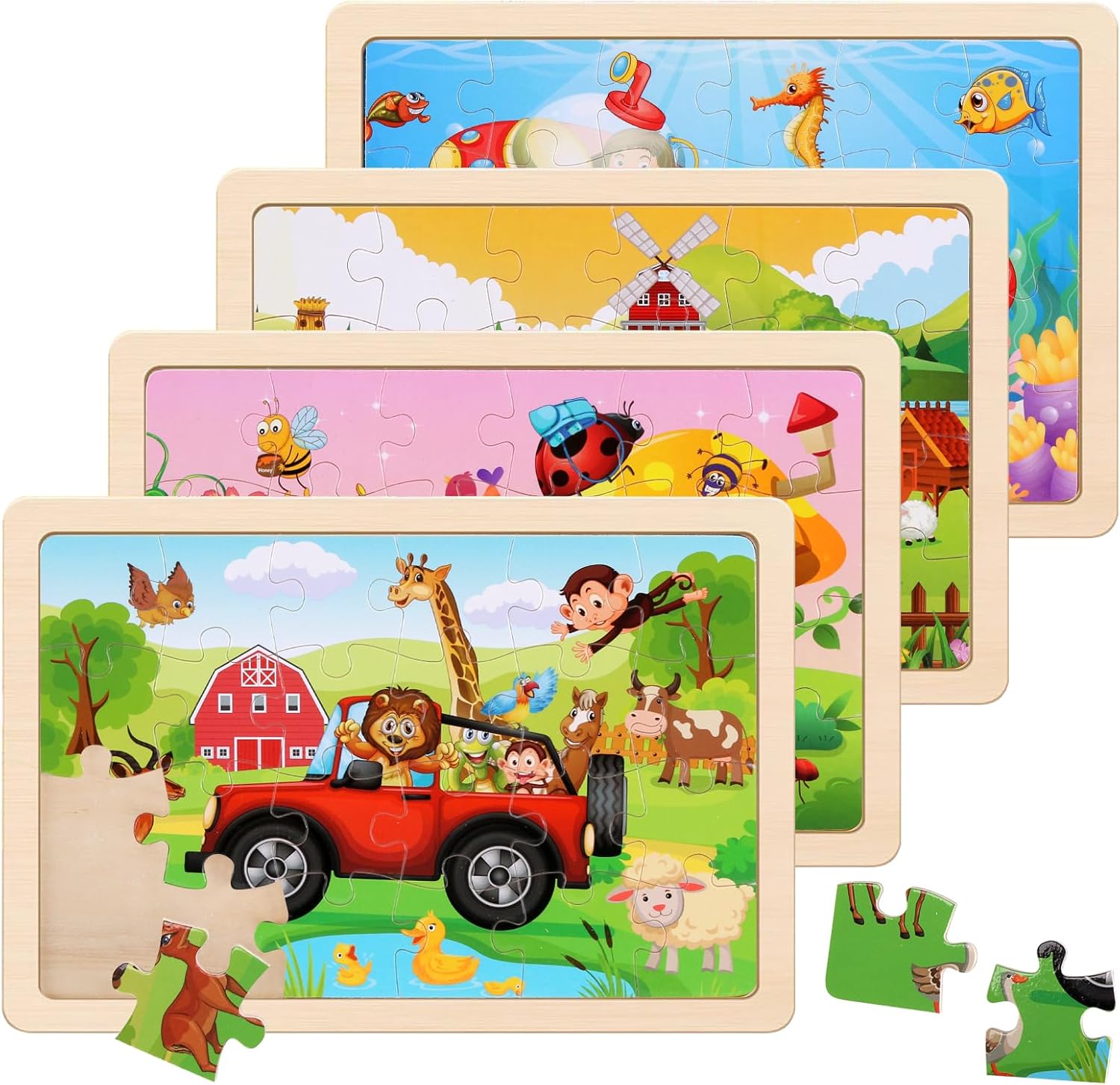 Wooden Educational Jigsaw Puzzles for Preschool Kids Ages 3-5, 4-Pack with 20 Pieces Wood Puzzles Set, Toddler Brain Teaser Toys, Gifts for Boys Girls Ages 3 4 5 6