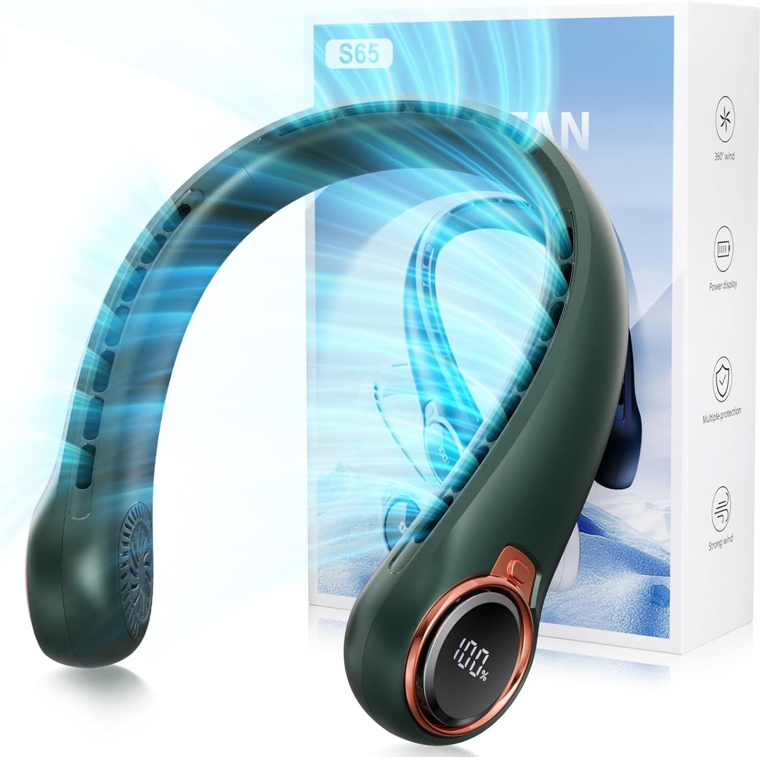Portable Neck Fan with 6000mAh USB - Rechargeable Battery, Ultra-Light Bladeless Neck Fan LED Display, 360° Cooling Wearable Fan, 3 Speeds