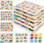 Wooden Peg Puzzle for Toddlers, 6 Pack Toddler Puzzles Set for 3 4 5 Years Old (Alphabet Number Shape Animal Dinosaur Vehicle), Preschool Education Learning Puzzle Toys for Girls and Boys