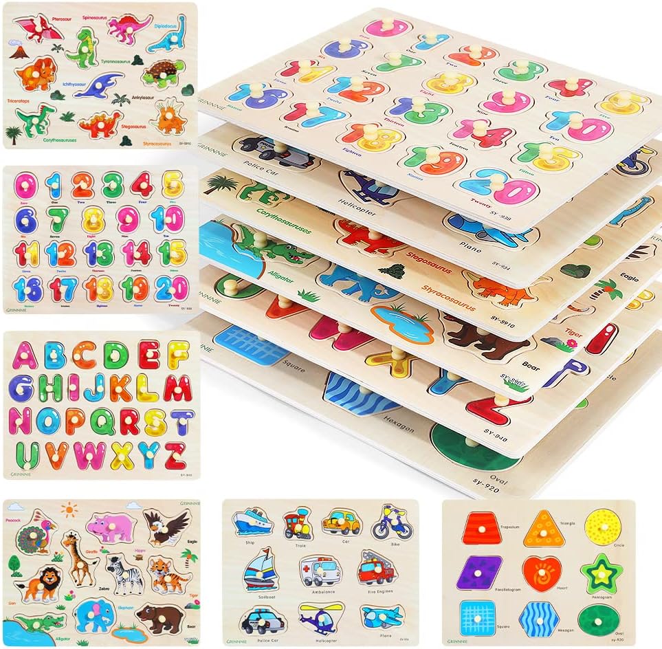 Wooden Peg Puzzle for Toddlers, 6 Pack Toddler Puzzles Set for 3 4 5 Years Old (Alphabet Number Shape Animal Dinosaur Vehicle), Preschool Education Learning Puzzle Toys for Girls and Boys