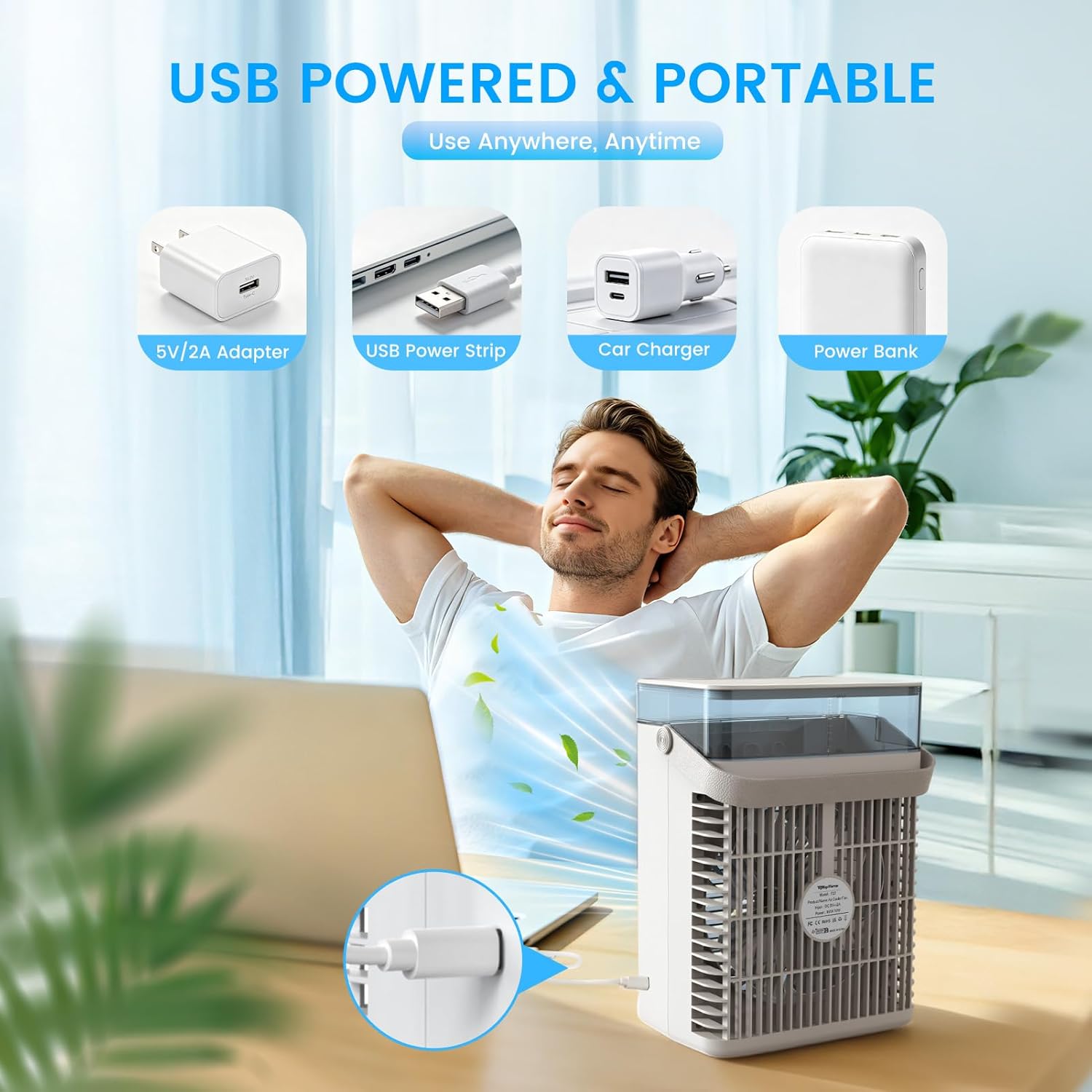 Portable Air Conditioners, 4 in 1 Mini AC Air Conditioner with 1000ml Water Tank, 3 Speeds, 2 Mist Modes, 2/4/8H Timer, Ambient Light, USB Evaporative Air Cooler Cooling Fan for Camping Room Bedroom