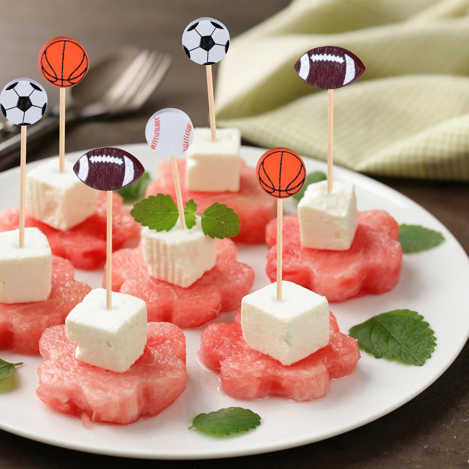 JtmyAota 100 Pack Football Toothpicks, 4.7 Inch Bamboo Cocktail Picks, Bamboo Toothpicks for Rugby Ball Super Bowl League Sports Catered Events Party Supplies