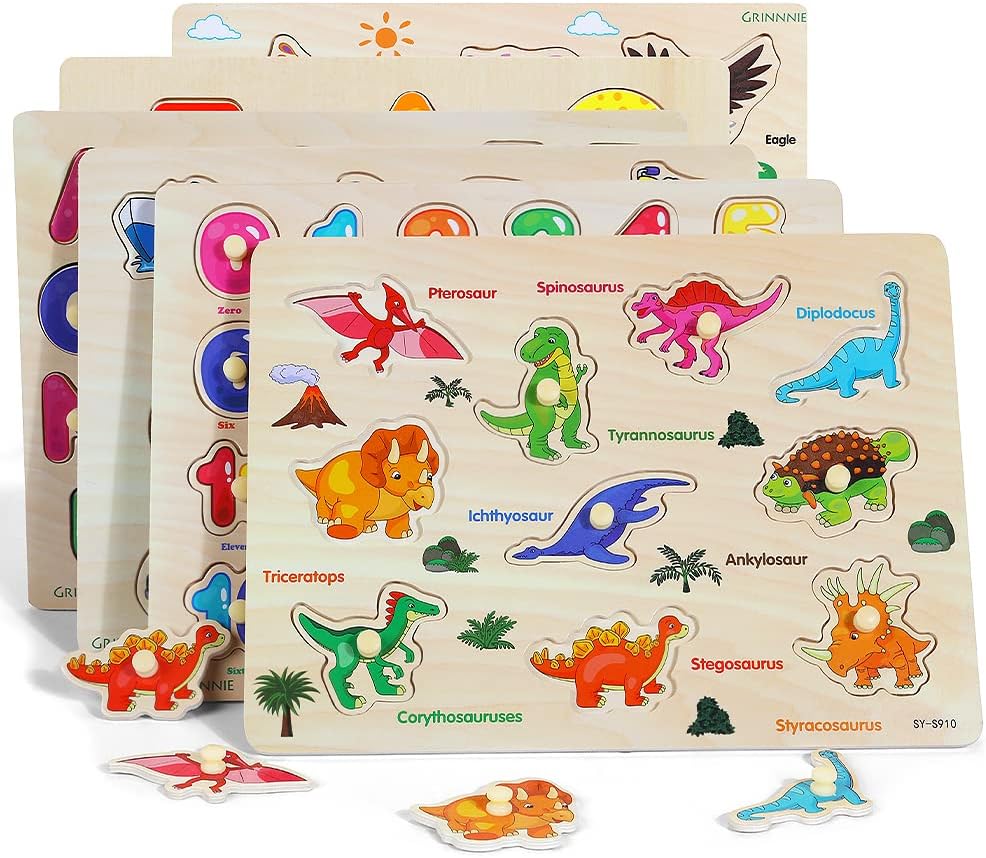 Wooden Peg Puzzle for Toddlers, 6 Pack Toddler Puzzles Set for 3 4 5 Years Old (Alphabet Number Shape Animal Dinosaur Vehicle), Preschool Education Learning Puzzle Toys for Girls and Boys