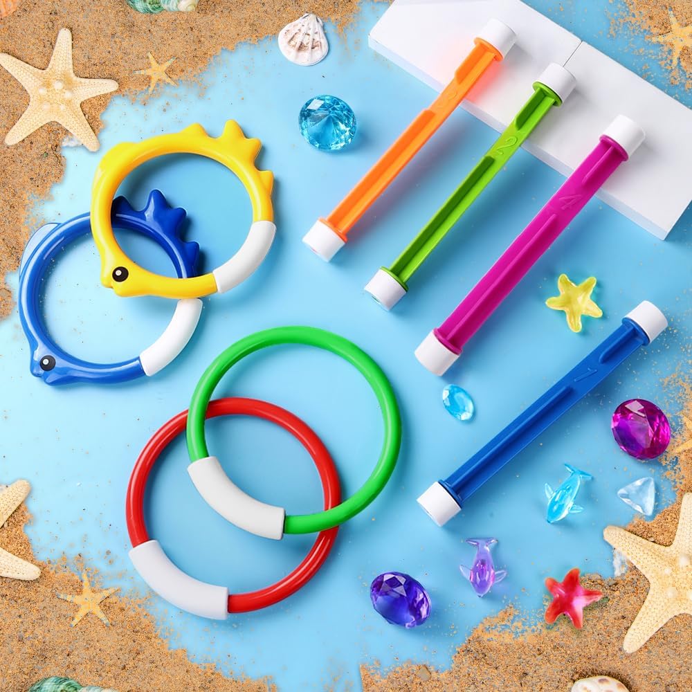 YUJUN Pool Diving Swimming Toys, Summer Underwater Game Toys with Pool Fishes Dive Sticks Rings Gems Storage Bag for Kids Swim Birthday Party Favors