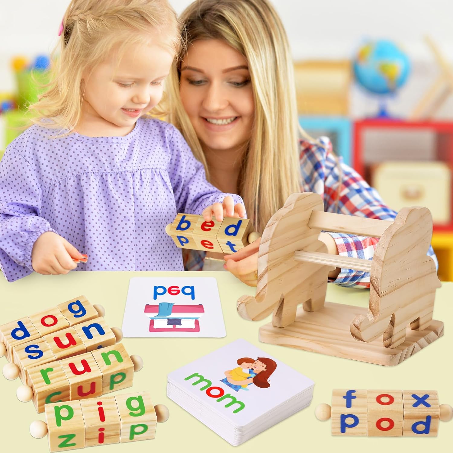 Montessori Educational Toy，Learning Activities Gift for Kid 3-6 Year | Wooden Reading Blocks Toys, Learning Activities for Preschool Kindergarten, Turning Rotating Matching Flash Card Games