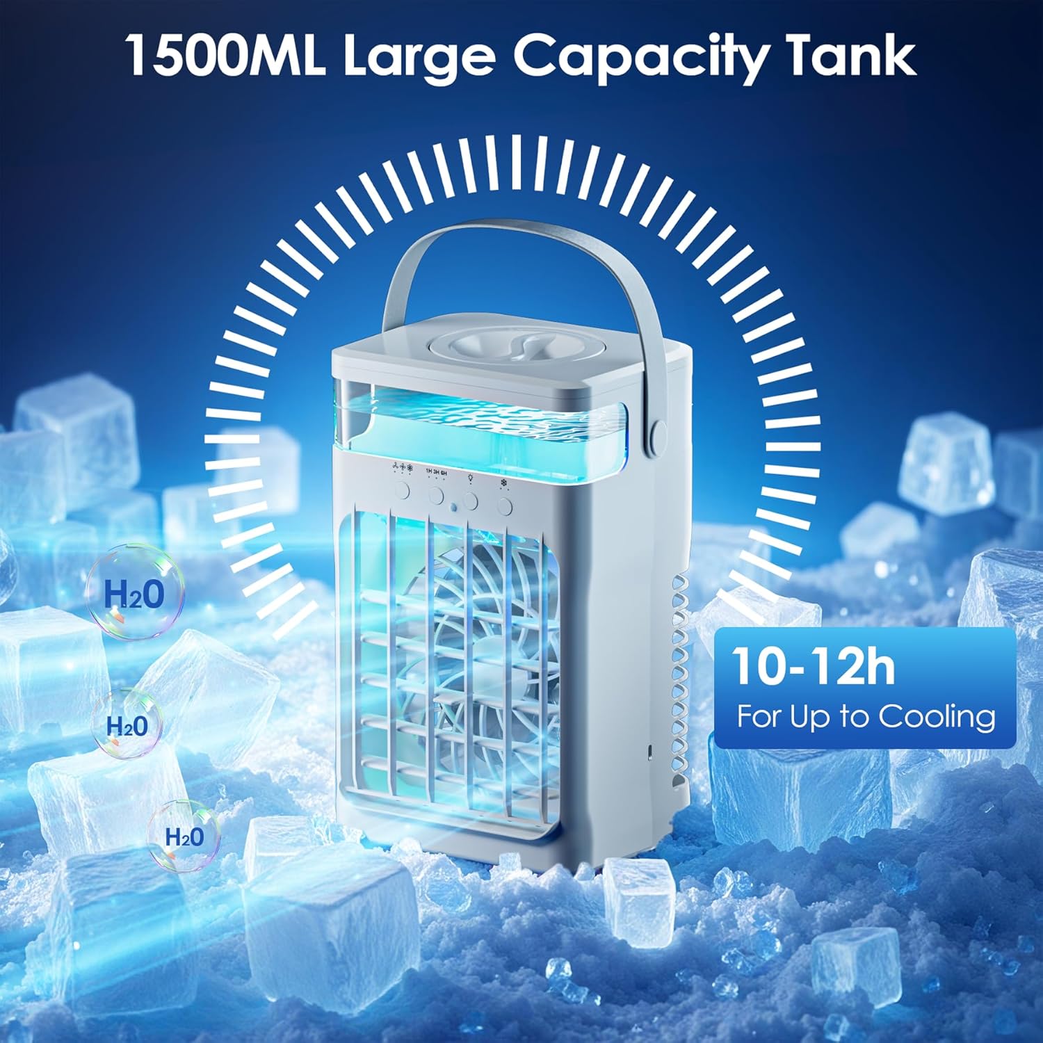 Portable Air Conditioner, Cooling Fan 3 Speeds & 3 Modes Personal Cooling Fan Mini Air Conditioner Fan with Remote, 1500ML Water Tank, Night Light, No battery, for Home Office Bedroom