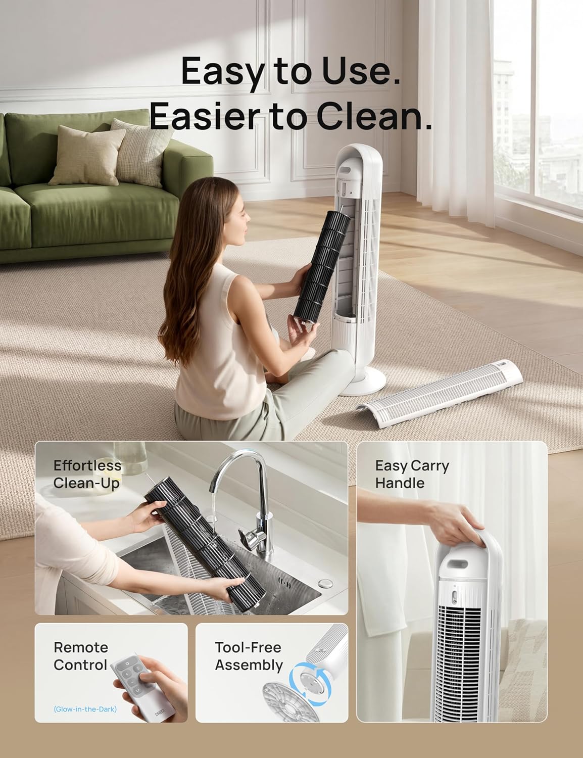 DREO Tower Fan for Bedroom, 2026 Upgraded DC Motor, 28ft/s High Velocity, 20dB Ultra Quiet Standing Fan, 8 Speeds 4 Modes, 90° Oscillating Bladeless Fan for Indoors, Floor Fans with Remote