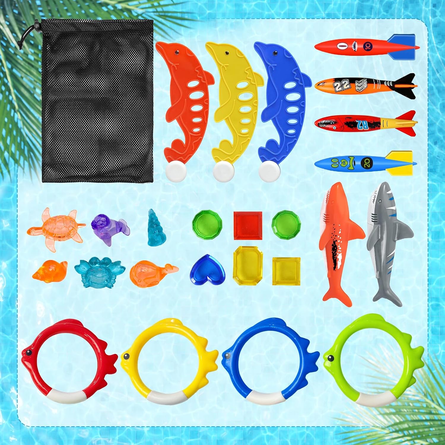Jasonwell Pool Diving Toys Games - Swimming Pool Toys with Dive Sticks and Rings Underwater Treasures Torpedo Bandits Fish Toy etc Fun Water Swim Toy for Boys Girls Adults Kids Teens