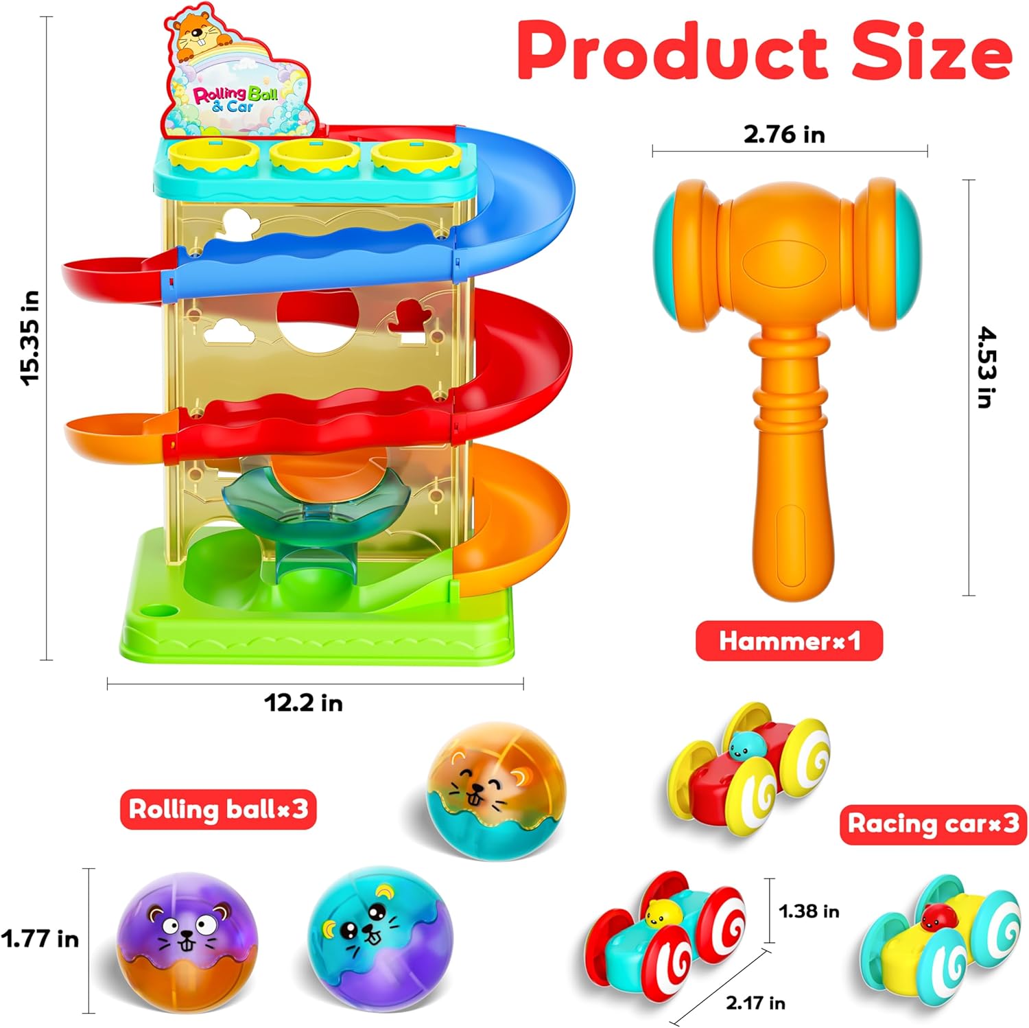 2-in-1 Ball Drop & Car Ramp Race Track Montessori Toy for Toddlers Ages 1-5 | Hammer Rolling Ball, Launch and Race Car-Cause and Effect Sensory STEM Learning Toys for 1-5 Year Old Boys & Girls