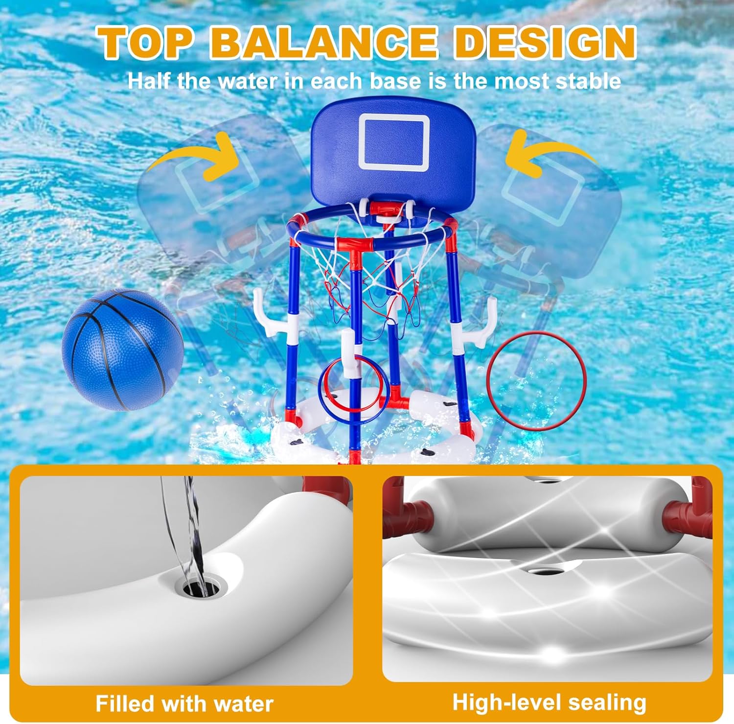 2-in-1 Poor Toy Basketball & Ring Toss Game with 4 Balls, 6 Rings&Pump, Summer Pool Toys Outdoor Water Fun Family Party for Age 3-12
