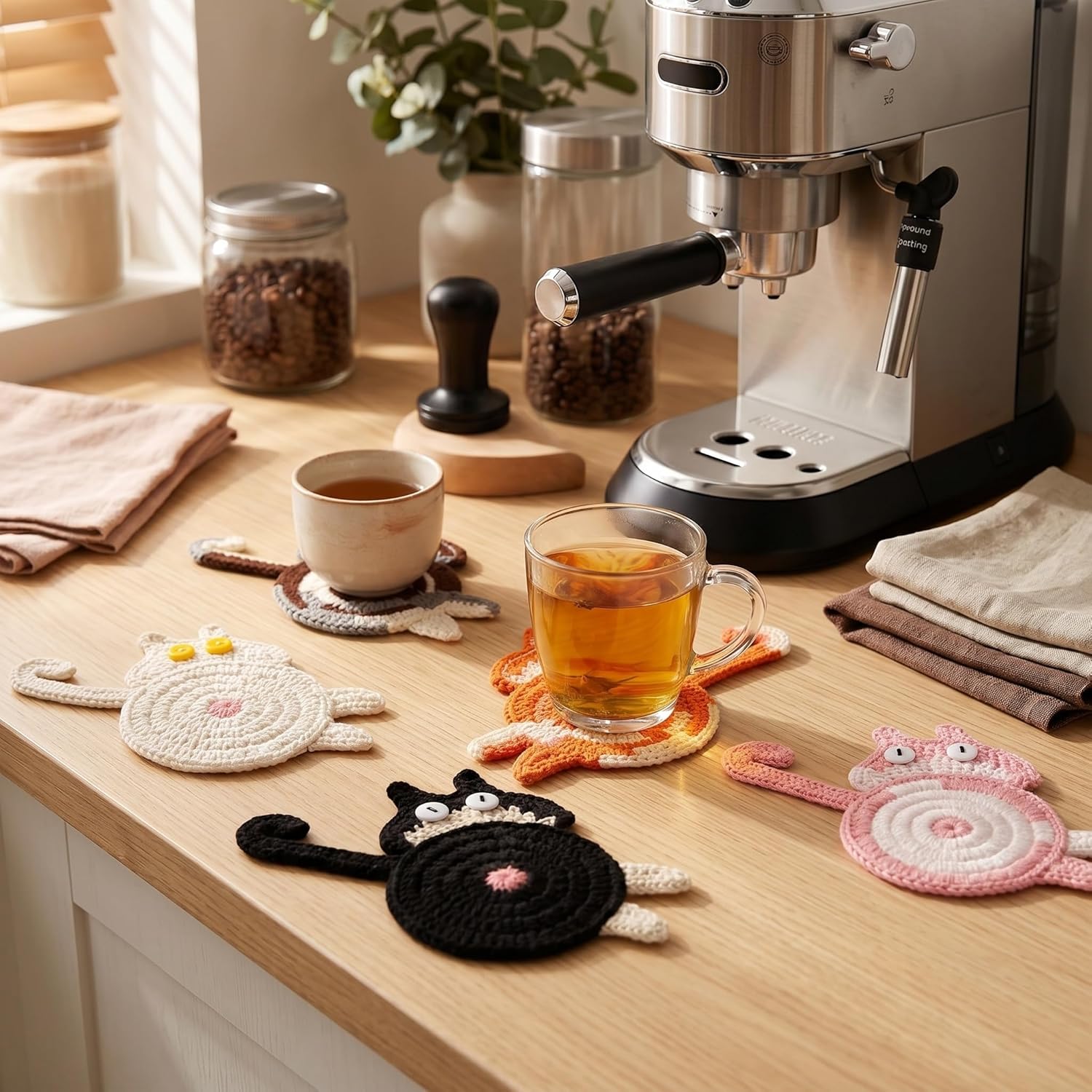 Cat Gifts for Cat Lovers Cat Coaster Woven Creative Cute Cat Coaster Insulation Coaster Coffee and Tea Coaster Desktop Gifts