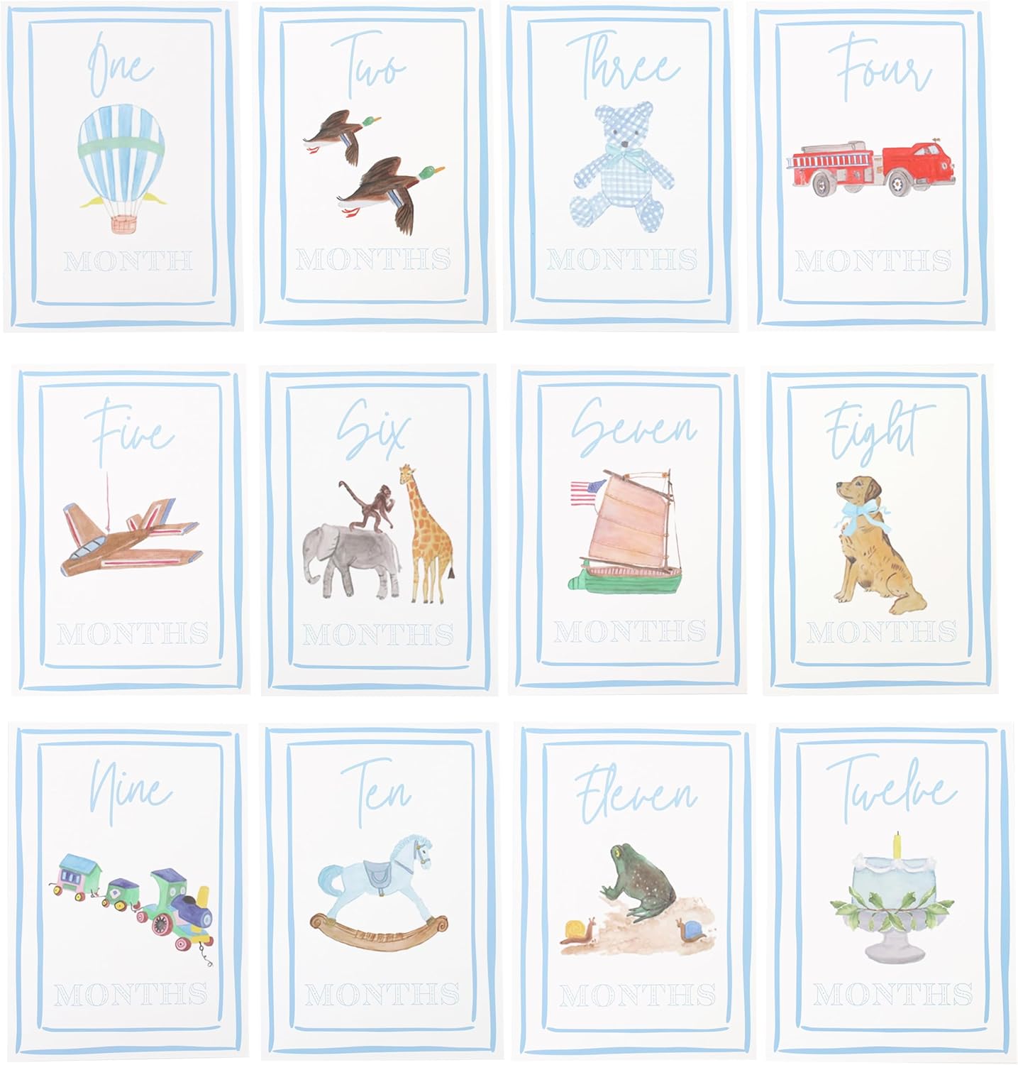 Boy Watercolor Milestone Cards - My First Monthly Milestone Cards,Blue Boy 12 Monthly Newborn Photos