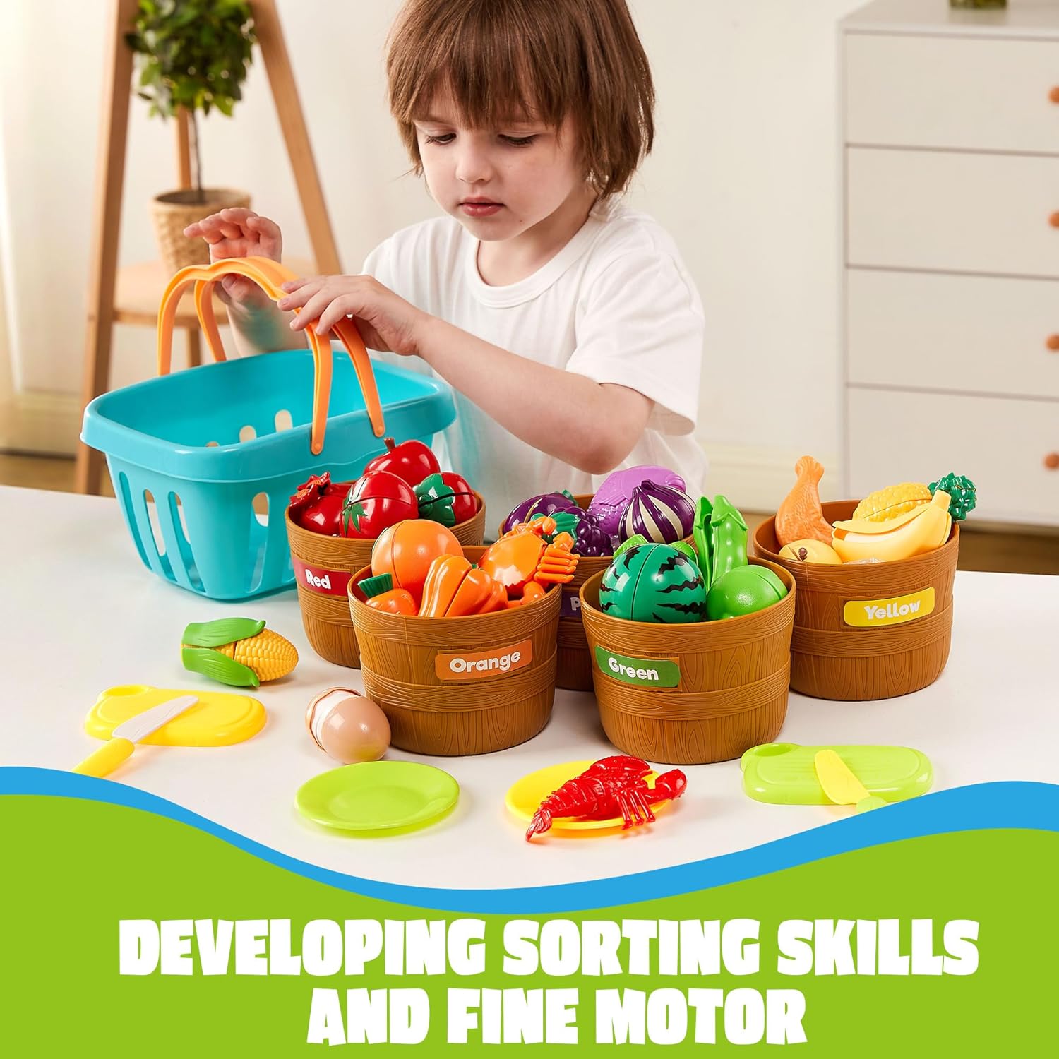 Learning Toys Play Food Set for Toddlers, Cutting Food for Preschool Activities, Play Kitchen Accessories, Educational Toys, Color Sorting Set for Boys & Girls, Back to School Gifts for Toddlers