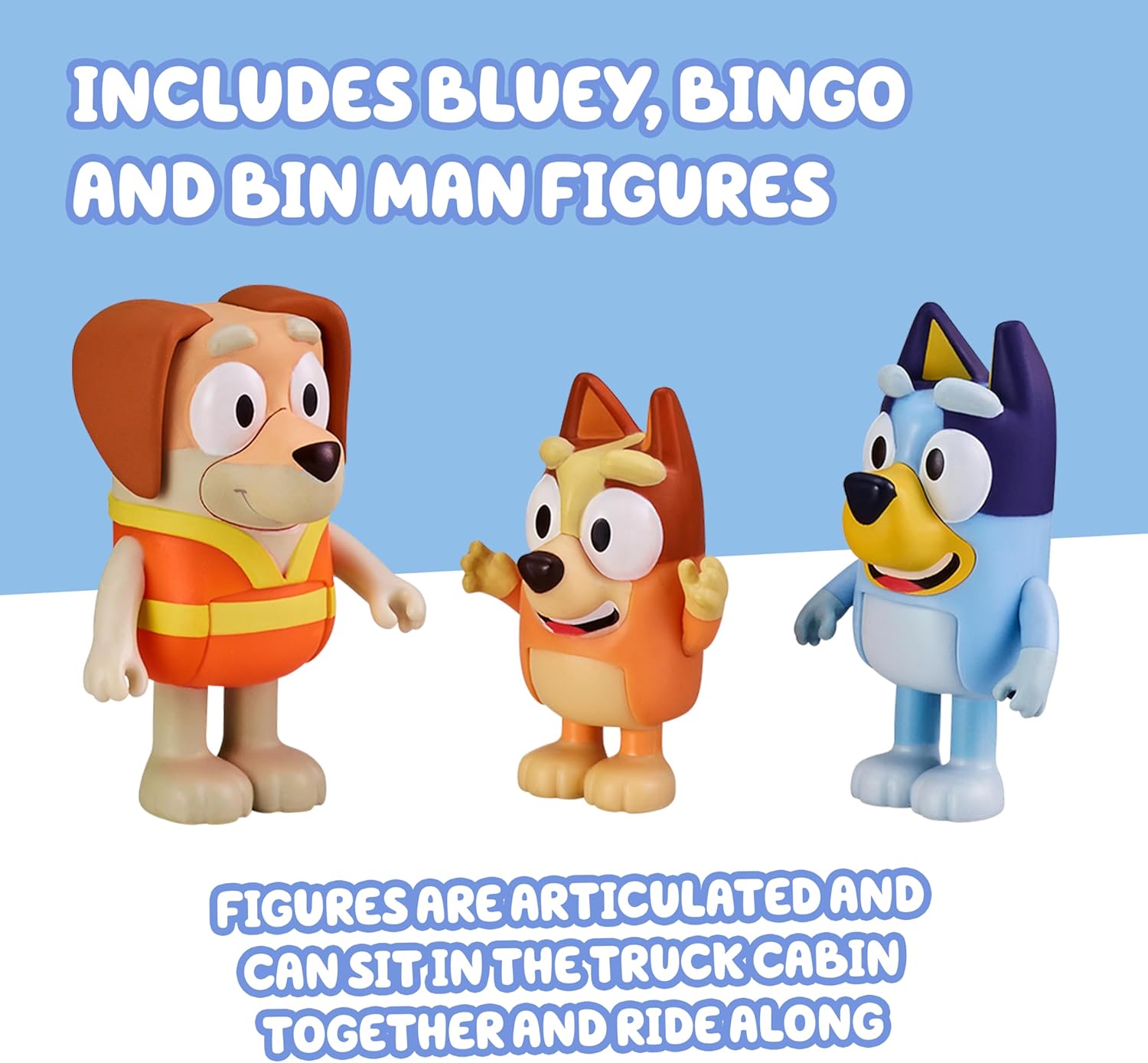 Bluey Garbage Truck Playset, Bingo & Bin Man Figures, Interactive Lever | Includes 2 rubbish bins, 2.5-inch articulated figures, two-seat cab, and rear storage for garbage trucks play