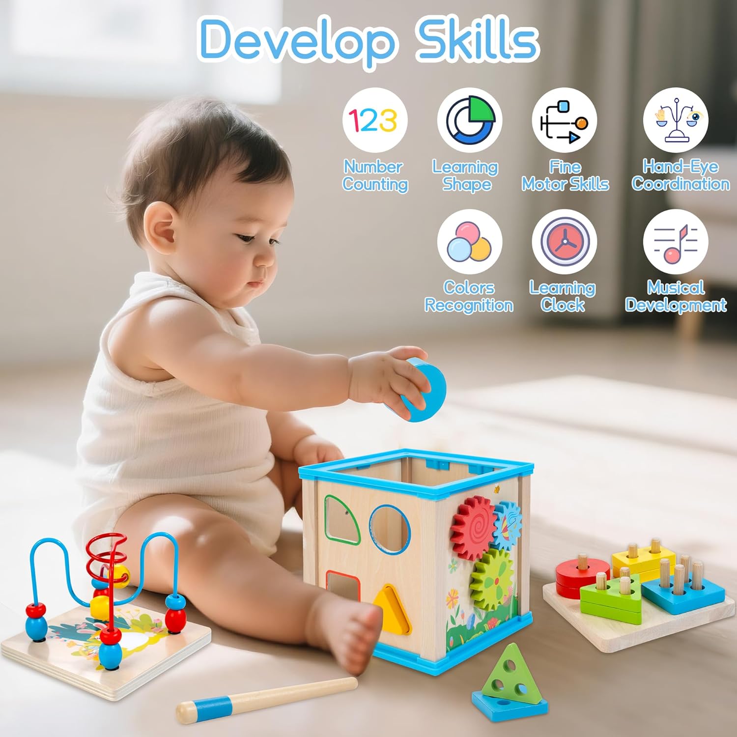 WOODMAM Wooden 7-in-1 Activity Cube, Montessori Toys for 1 Year Old | Baby Educational Developmental Toys, One Year Old Boys Girls First Birthday Gifts, Bonus Sorting & Stacking Board