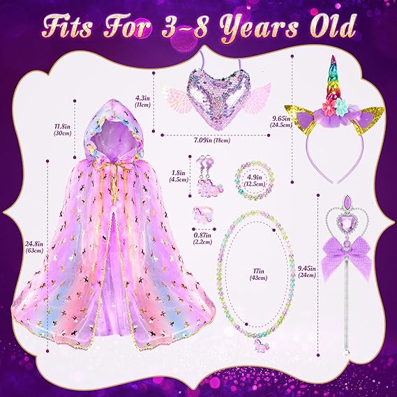 Fedio Princess Dress up for Girls,Unicorn Light up Princess Cape Set,Light up Princess Dress with Unicorn Toys for Girls 3-8