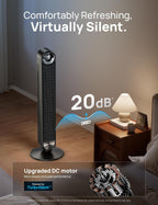 DREO Tower Fan for Bedroom, 90° Oscillating Standing Fan with 28ft/s Velocity, 20dB Quiet for Sleep, DC Motor, 9 Speeds, 4 Modes, 12H Timer, Voice & APP & Remote Control, Starlight