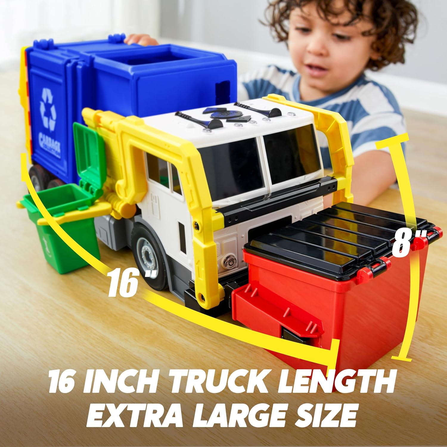 JOYIN Large Friction Powered Garbage Truck Toy Set, Includes Dumpster, Trash Bins, and Learning Cards for Kids