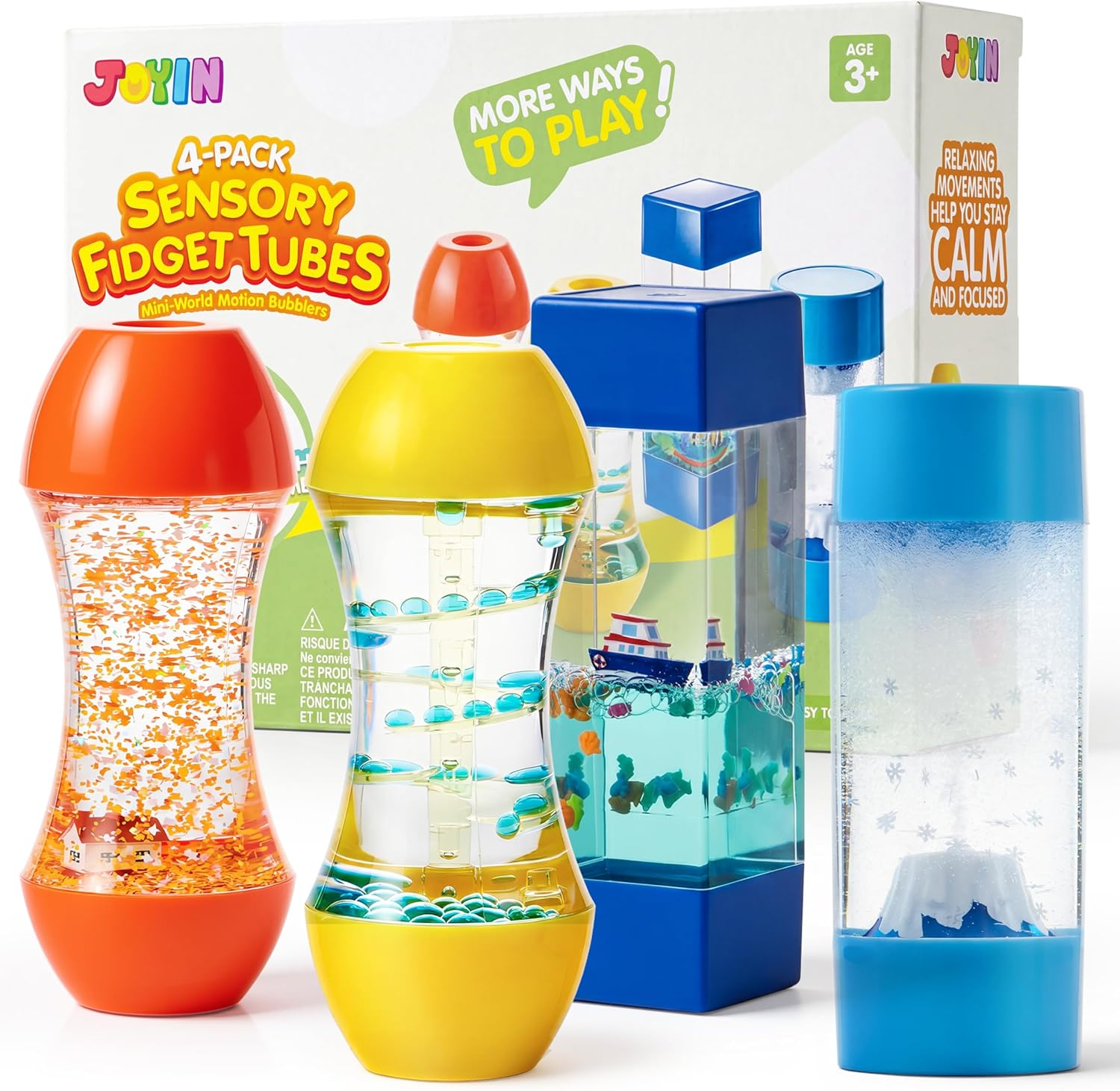 JOYIN 4-Pack Fidget Tubes for Kids, Stress Relief Toy, Speech Therapy, Calming Toys for Children with Autism, Calm Down Corner Classroom Supplies, Back to School Gifts for Toddlers