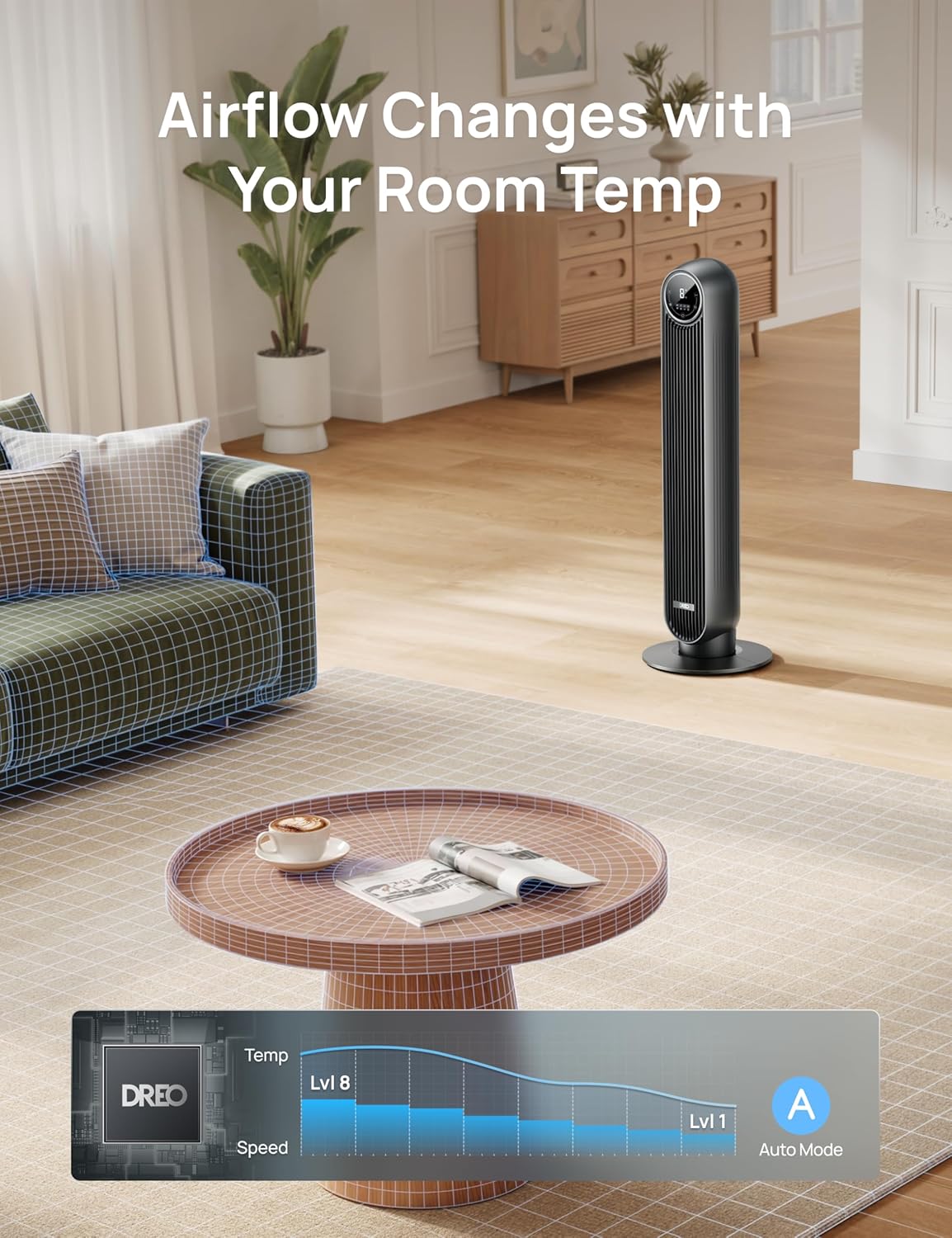 DREO Tower Fan for Bedroom, 2026 Upgraded DC Motor, 28ft/s High Velocity, 20dB Ultra Quiet Standing Fan, 8 Speeds 4 Modes, 90° Oscillating Bladeless Fan for Indoors, Floor Fans with Remote