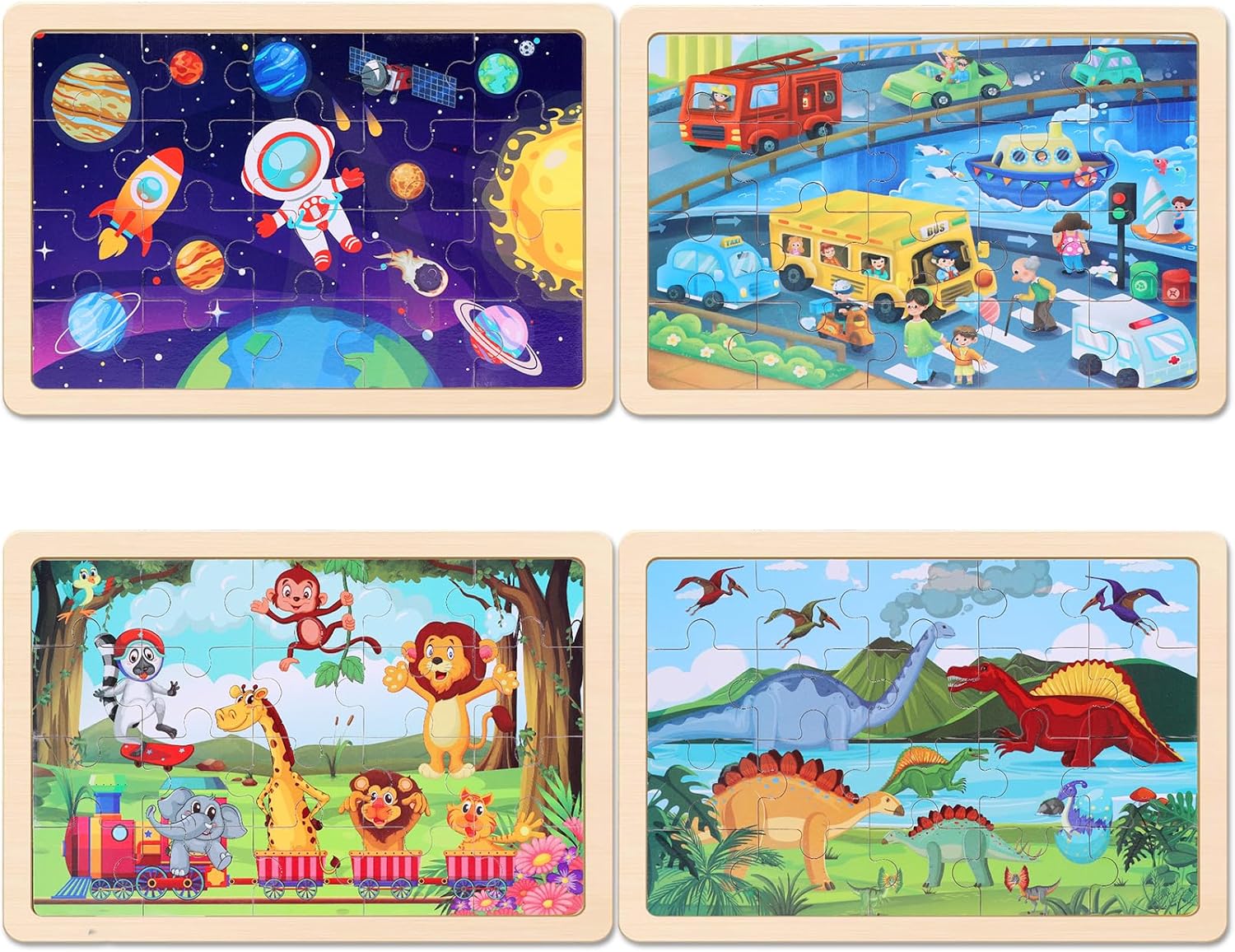 Wooden Educational Jigsaw Puzzles for Preschool Kids Ages 3-5, 4-Pack with 20 Pieces Wood Puzzles Set, Toddler Brain Teaser Toys, Gifts for Boys Girls Ages 3 4 5 6