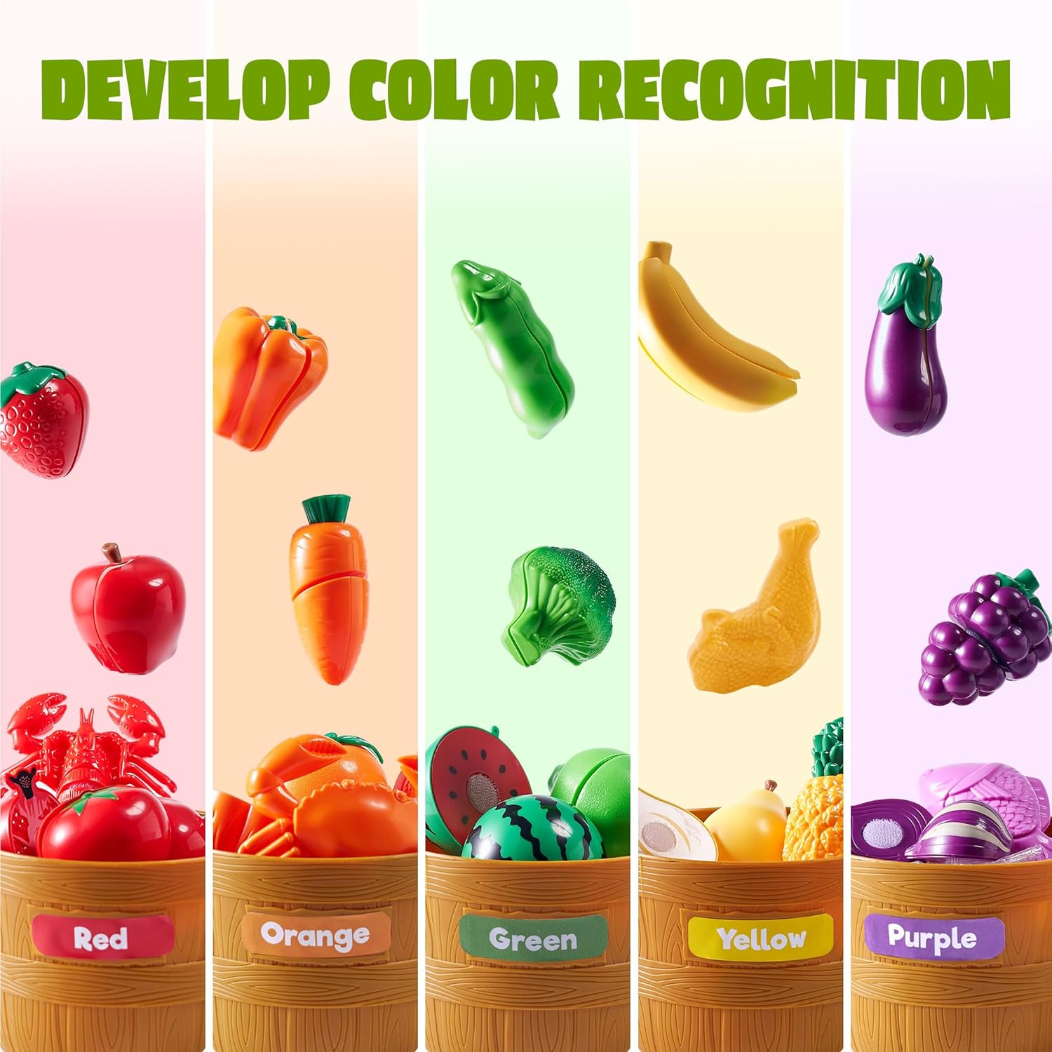 Learning Toys Play Food Set for Toddlers, Cutting Food for Preschool Activities, Play Kitchen Accessories, Educational Toys, Color Sorting Set for Boys & Girls, Back to School Gifts for Toddlers