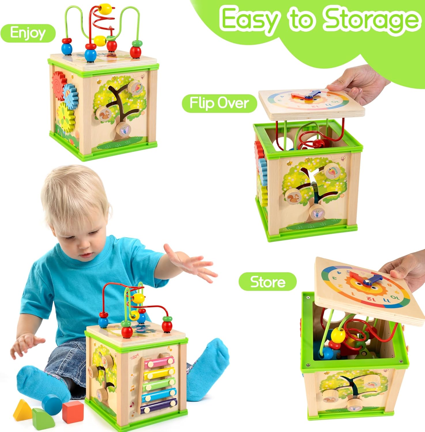 WOODMAM Wooden 7-in-1 Activity Cube, Montessori Toys for 1 Year Old | Baby Educational Developmental Toys, One Year Old Boys Girls First Birthday Gifts, Bonus Sorting & Stacking Board