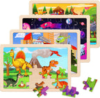 Wooden Educational Jigsaw Puzzles for Preschool Kids Ages 3-5, 4-Pack with 20 Pieces Wood Puzzles Set, Toddler Brain Teaser Toys, Gifts for Boys Girls Ages 3 4 5 6