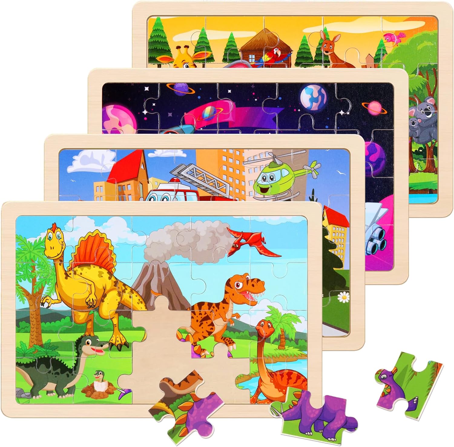Wooden Educational Jigsaw Puzzles for Preschool Kids Ages 3-5, 4-Pack with 20 Pieces Wood Puzzles Set, Toddler Brain Teaser Toys, Gifts for Boys Girls Ages 3 4 5 6