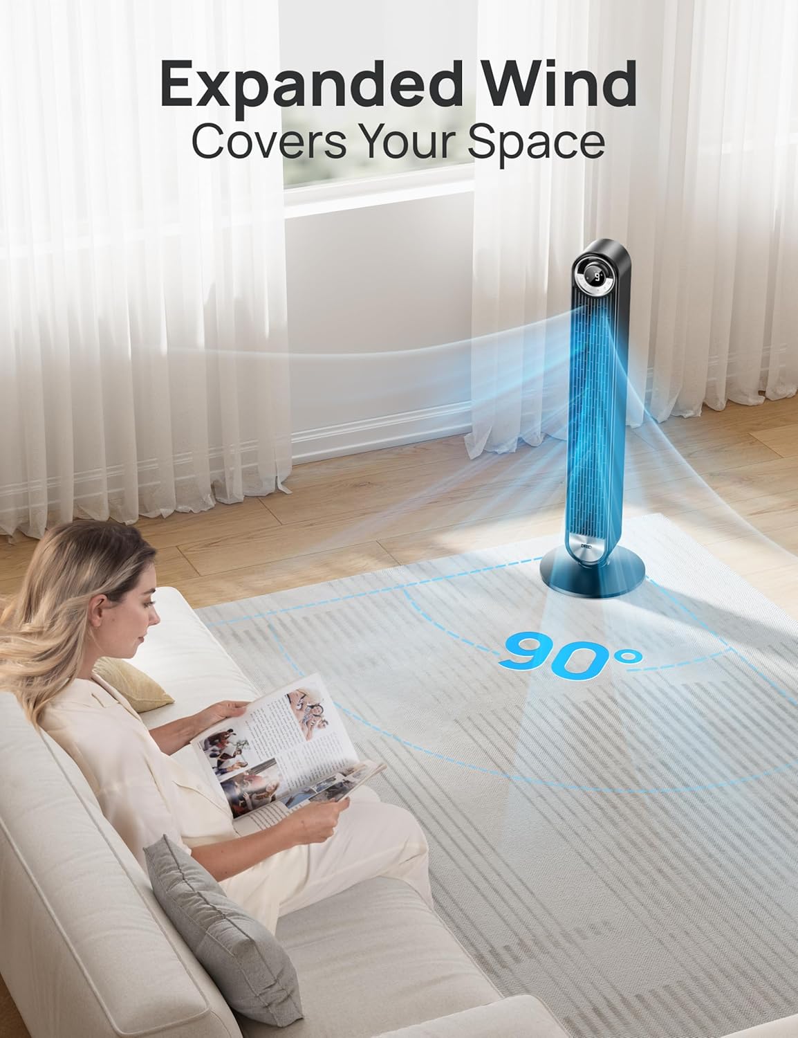 DREO Tower Fan for Bedroom, 90° Oscillating Standing Fan with 28ft/s Velocity, 20dB Quiet for Sleep, DC Motor, 9 Speeds, 4 Modes, 12H Timer, Voice & APP & Remote Control, Starlight