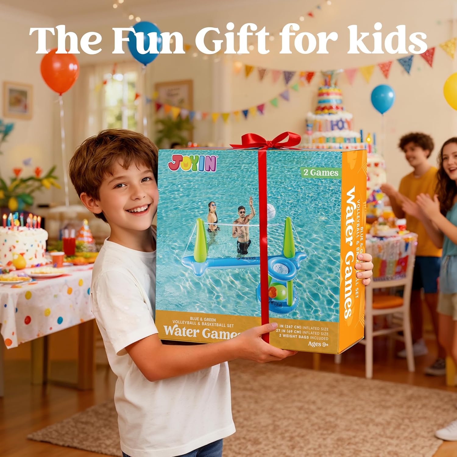 JOYIN Inflatable Pool Float Set Volleyball Net & Basketball Hoops, Balls Included for Kids and Adults Swimming Game Toy, Summer Floaties, Volleyball Court |Basketball
