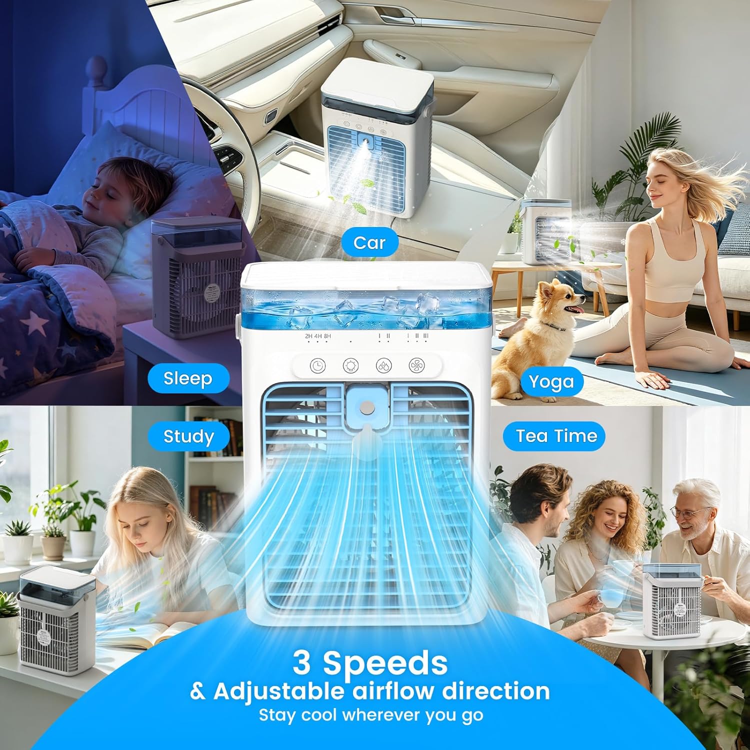 Portable Air Conditioners, 4 in 1 Mini AC Air Conditioner with 1000ml Water Tank, 3 Speeds, 2 Mist Modes, 2/4/8H Timer, Ambient Light, USB Evaporative Air Cooler Cooling Fan for Camping Room Bedroom