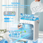 Portable Air Conditioners, 4 in 1 Mini AC Air Conditioner with 1000ml Water Tank, 3 Speeds, 2 Mist Modes, 2/4/8H Timer, Ambient Light, USB Evaporative Air Cooler Cooling Fan for Camping Room Bedroom